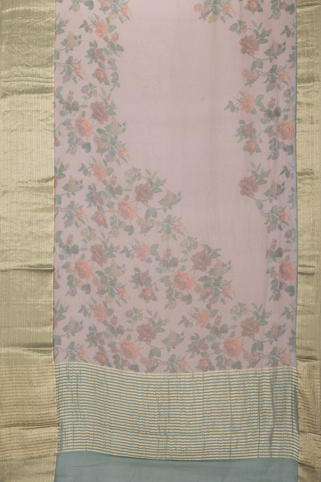 Flat view of Brown Chiffon Saree with Printed design on the body and Zari Border. 