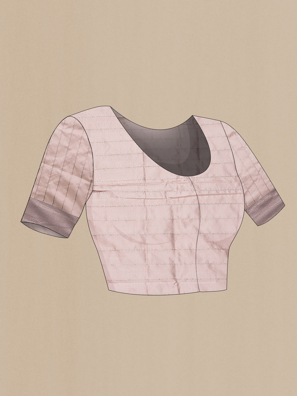 Close up image of the blouse of Rose Gold Dual Tone Banarasi Silk Saree with Zari Butta on the body and Zari Border. 