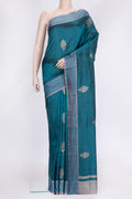 Peacock Blue Dual Tone Banarasi Silk Saree with Zari Butta on the body and Thread Border.  displayed on a mannequin