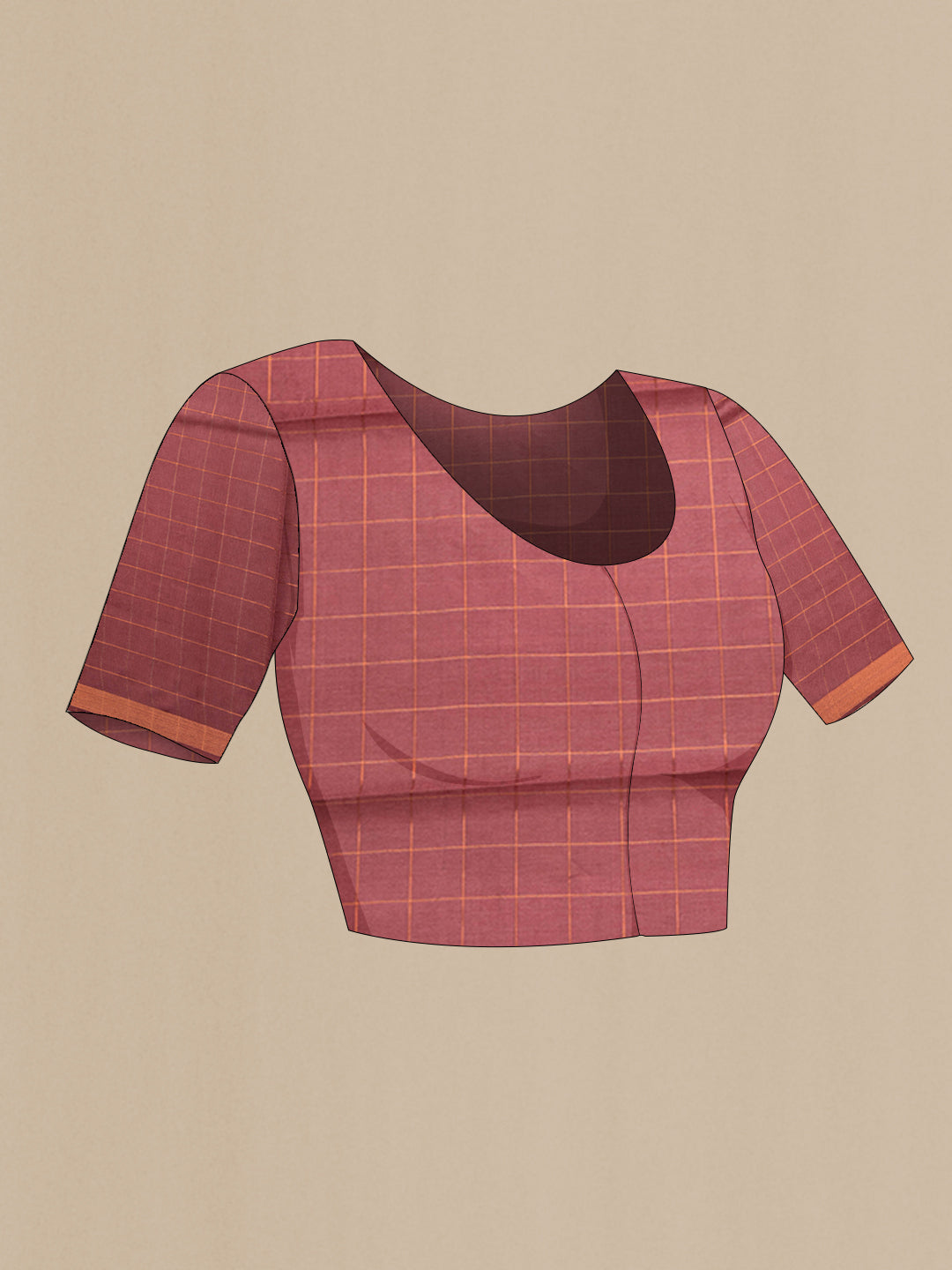 Close up image of the blouse of Maroon Tussar Silk Saree with Checked design on the body and Zari Border. 