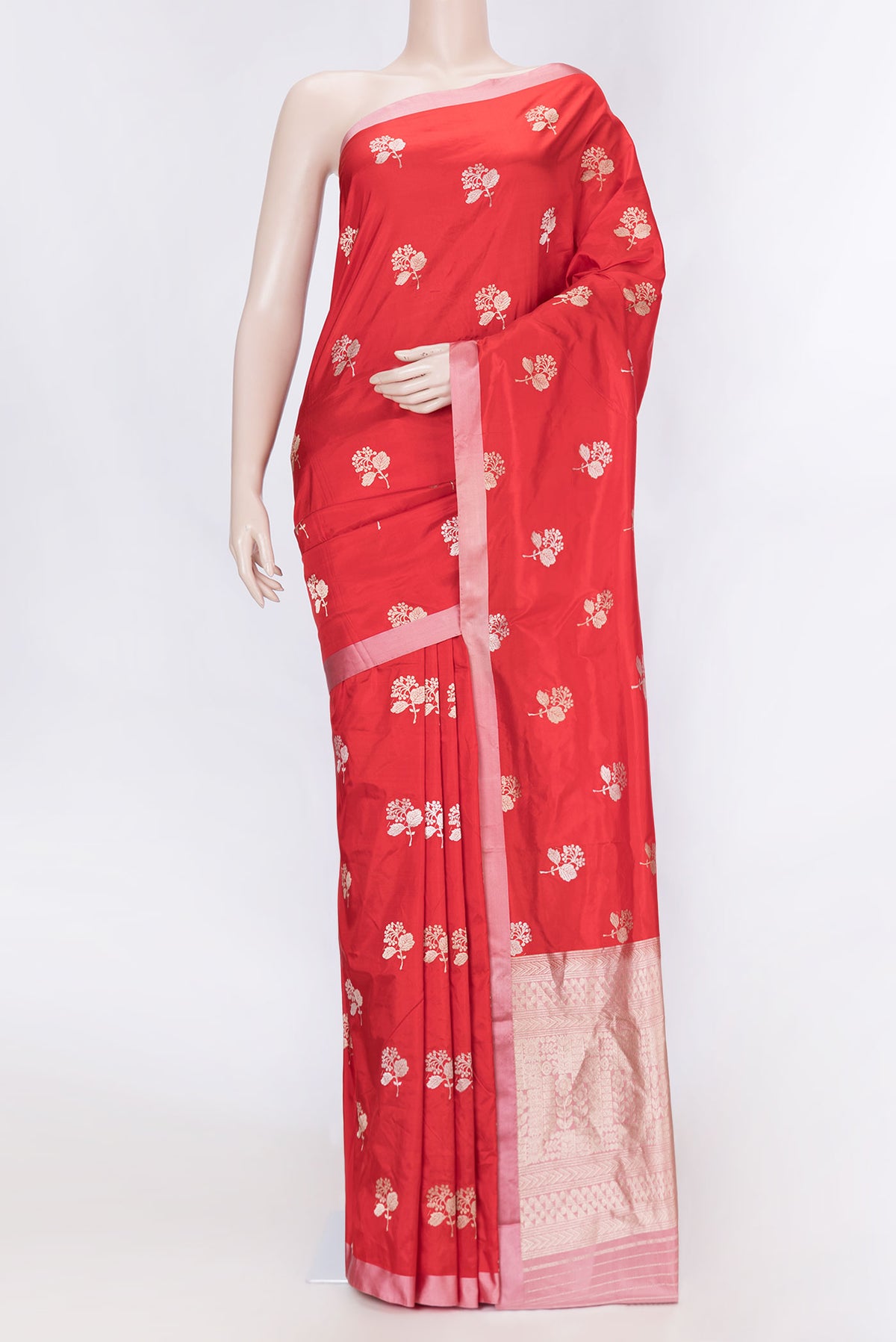 Red Dual Tone Banarasi Silk Saree with Zari Butta on the body and Plain Border displayed on a mannequin