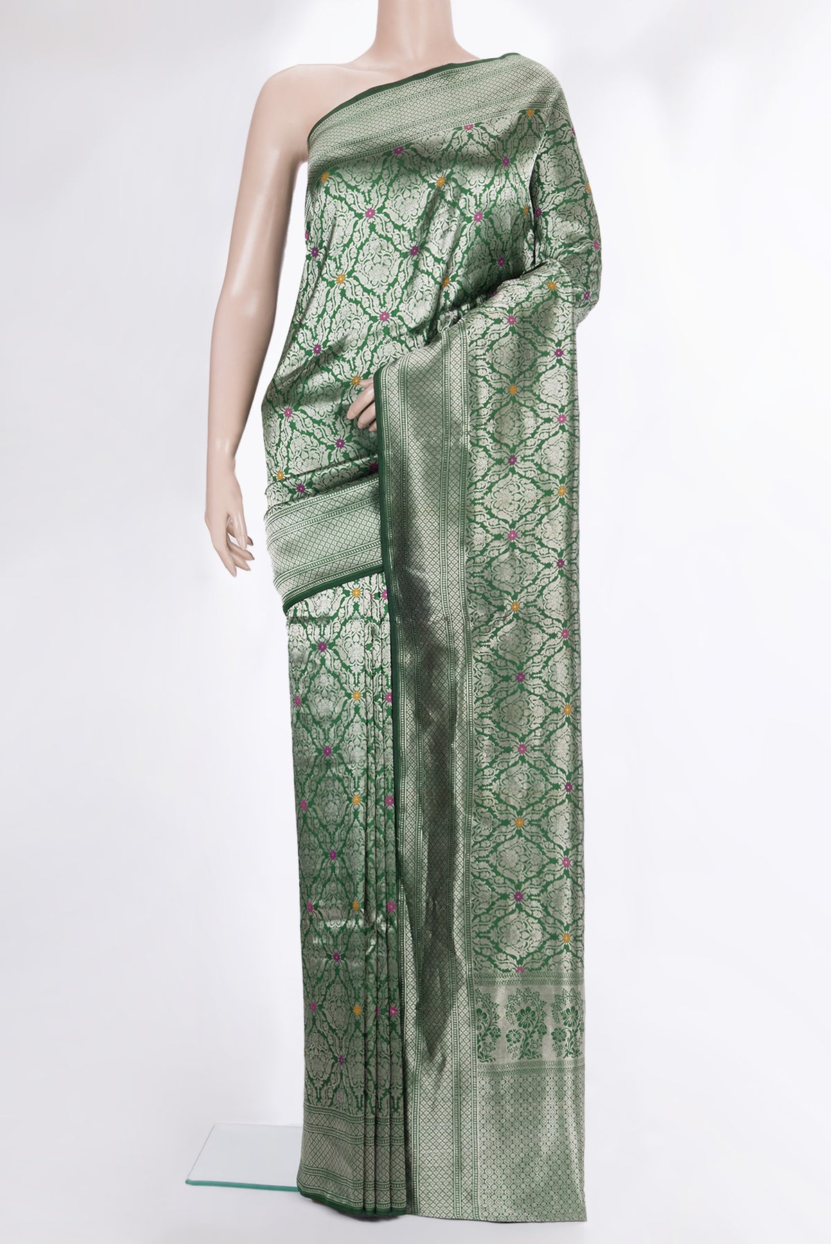 Pure Silk Green Banarasi Saree with Zari Brocade on the body and Zari Border.  displayed on a mannequin