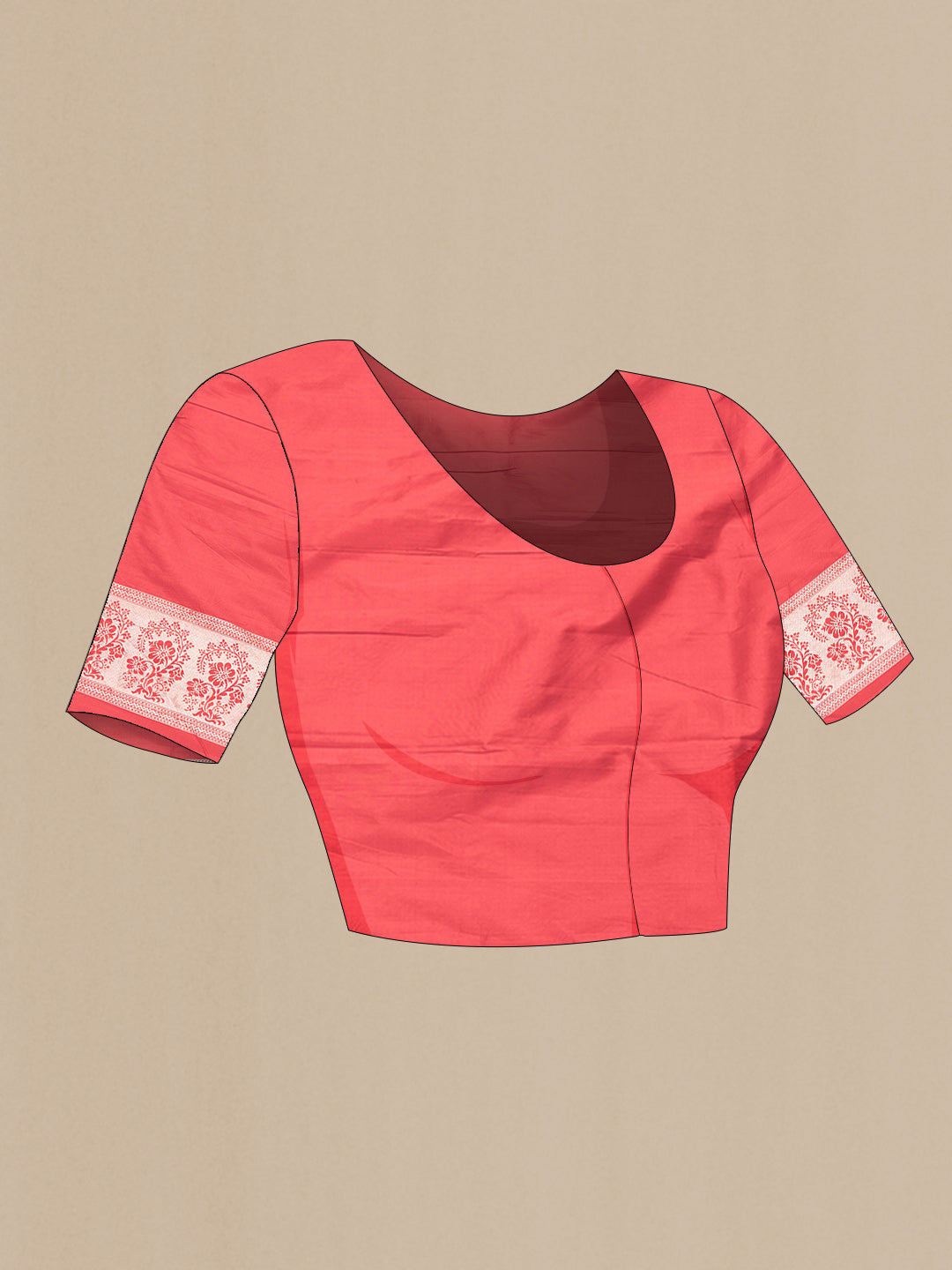 Close up image of the blouse of Red Dual Tone Banarasi Silk Saree with Zari Brocade on the body and Zari Border. 
