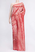 Red Dual Tone Banarasi Silk Saree with Zari Brocade on the body and Zari Border.  displayed on a mannequin