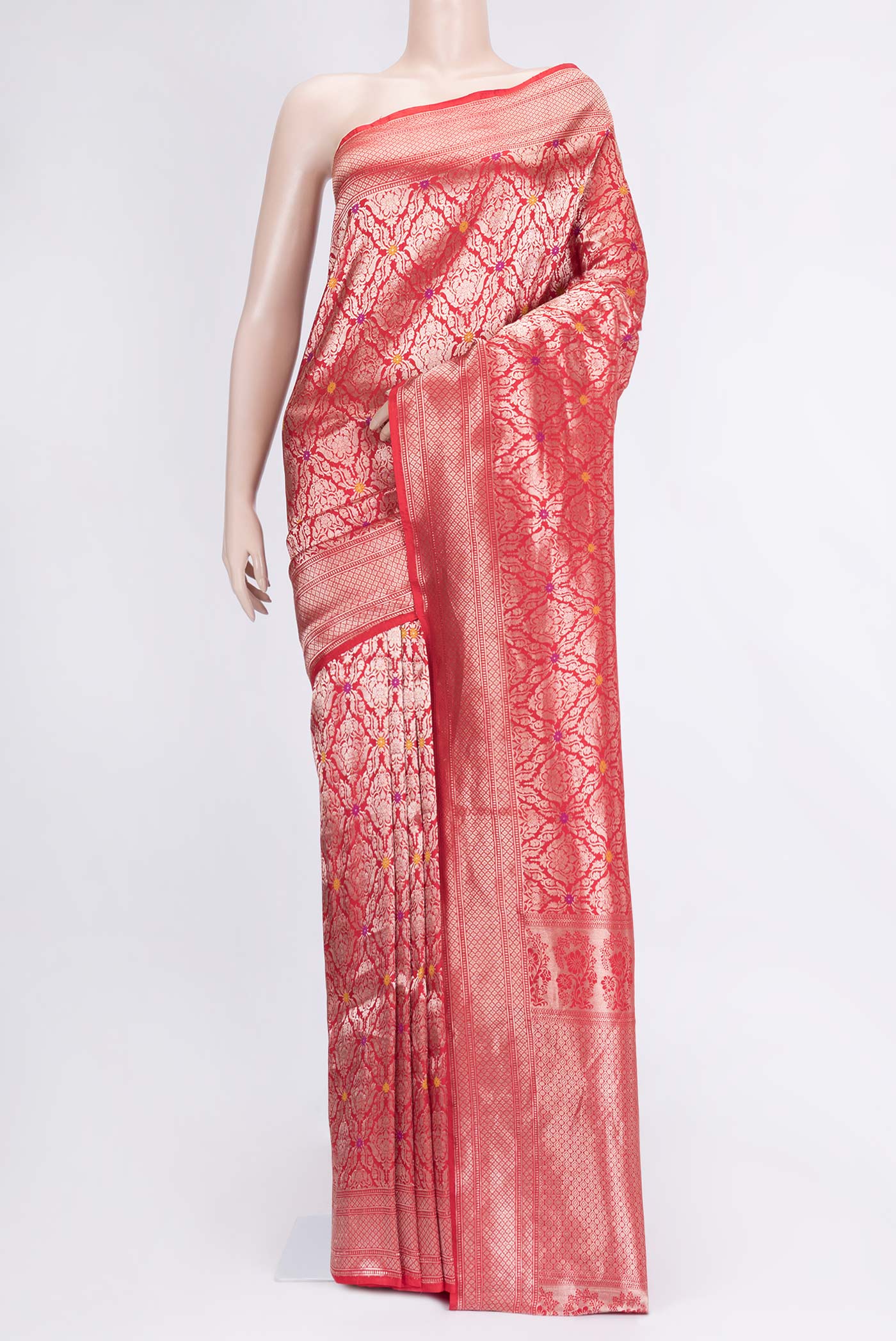 Red Dual Tone Banarasi Silk Saree with Zari Brocade on the body and Zari Border.  displayed on a mannequin