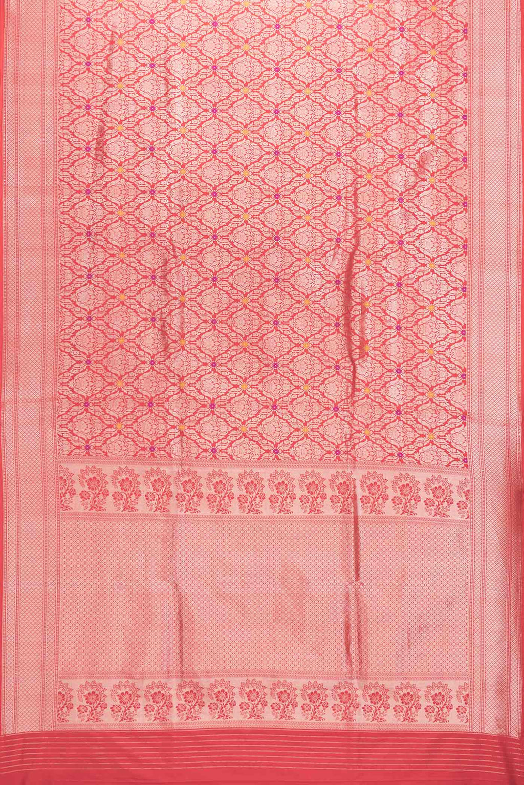 Flat view of Red Dual Tone Banarasi Silk Saree with Zari Brocade on the body and Zari Border. 