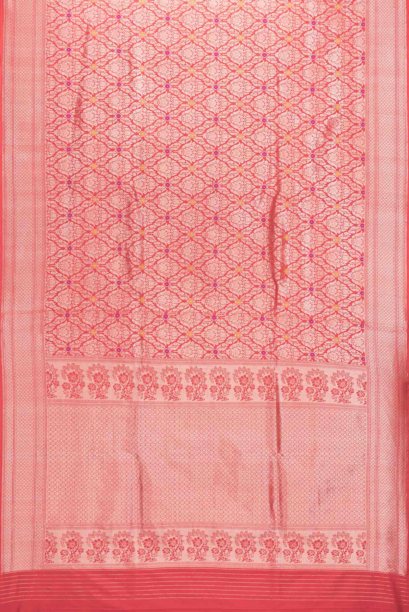 Flat view of Red Dual Tone Banarasi Silk Saree with Zari Brocade on the body and Zari Border. 