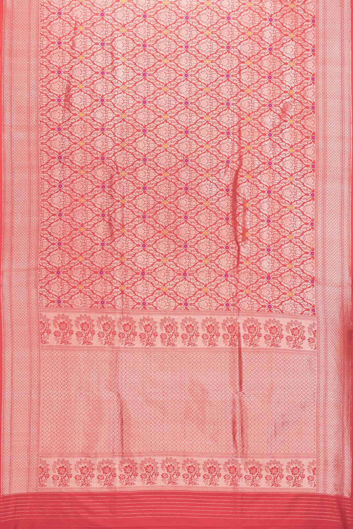 Flat view of Red Dual Tone Banarasi Silk Saree with Zari Brocade on the body and Zari Border. 