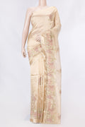 Gold Dual Tone Organza Silk Saree with Embroidery on the body and Embroidery Border displayed on a mannequin