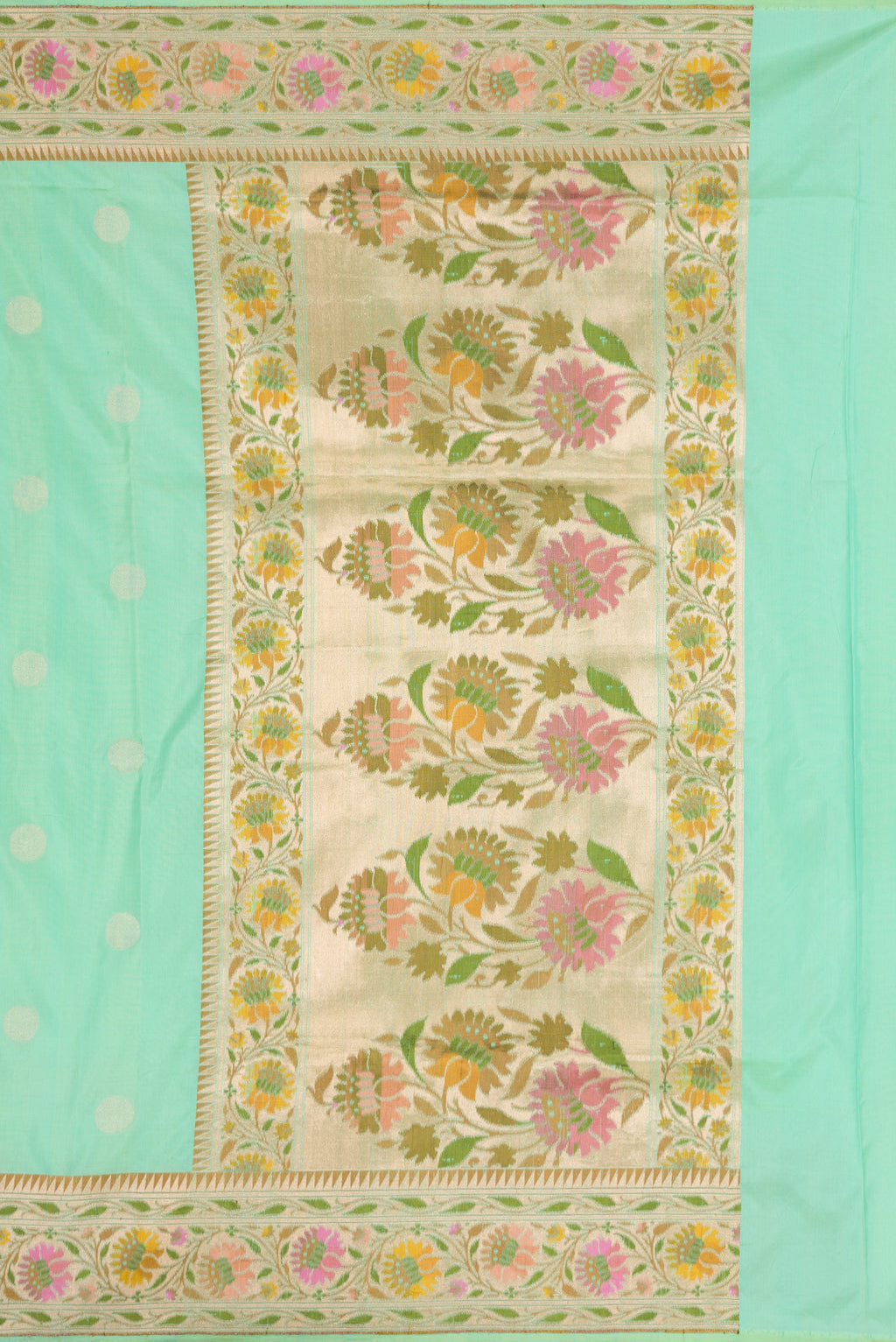 Close up image of the pallu of Sea Green Dual Tone Banarasi Silk Saree with Zari Butta on the body and Zari Border. 