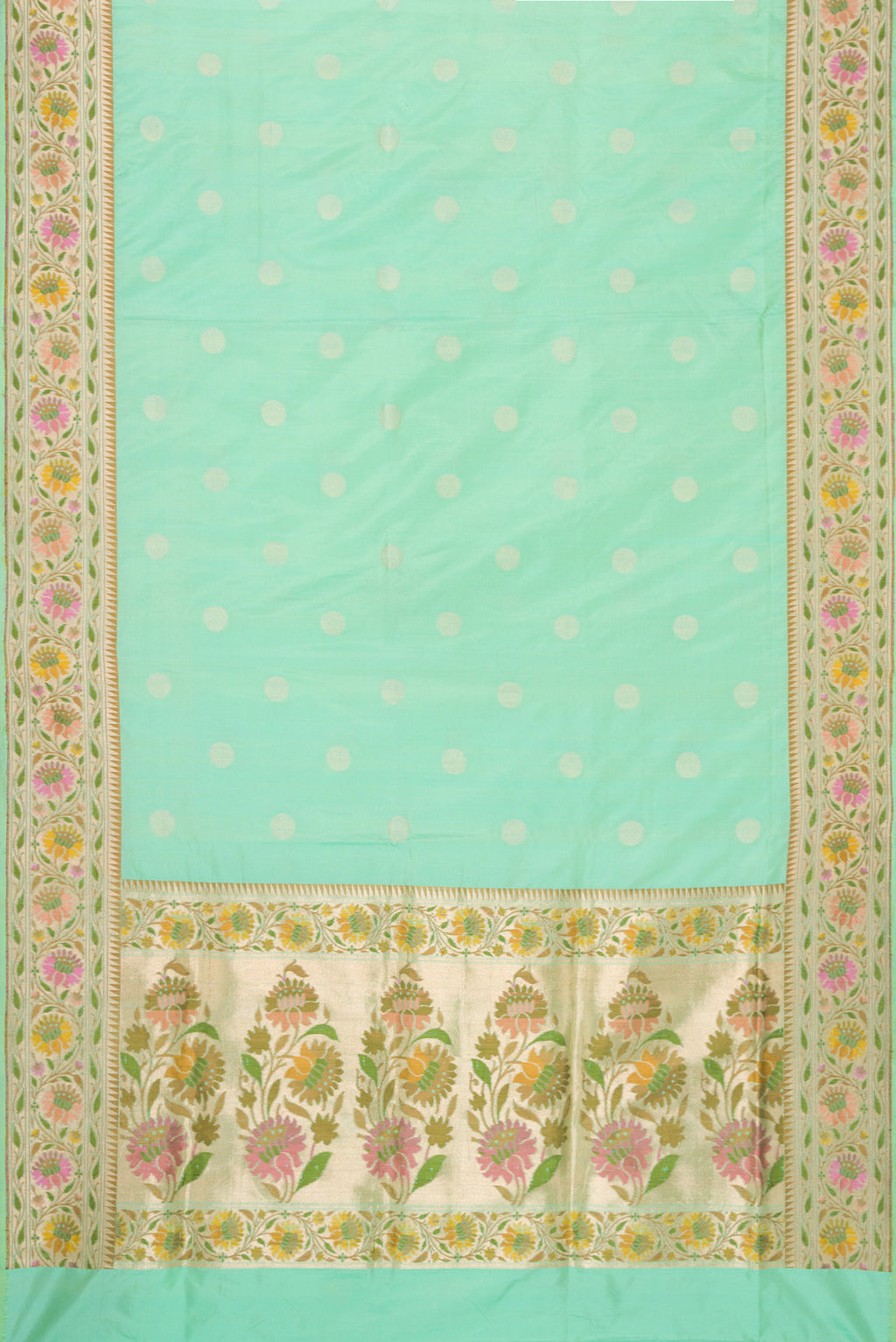 Flat view of Sea Green Dual Tone Banarasi Silk Saree with Zari Butta on the body and Zari Border. 