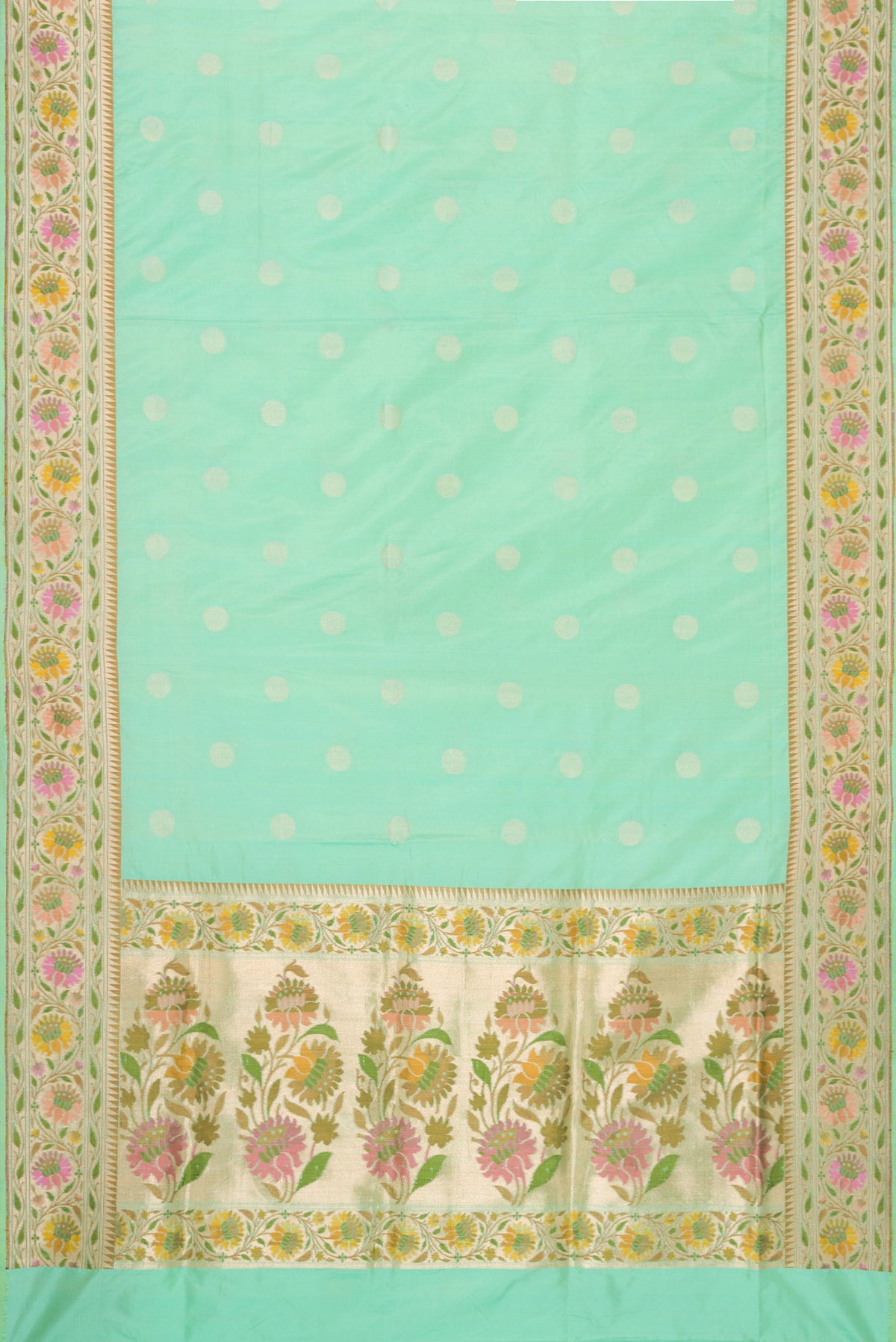 Flat view of Sea Green Dual Tone Banarasi Silk Saree with Zari Butta on the body and Zari Border. 