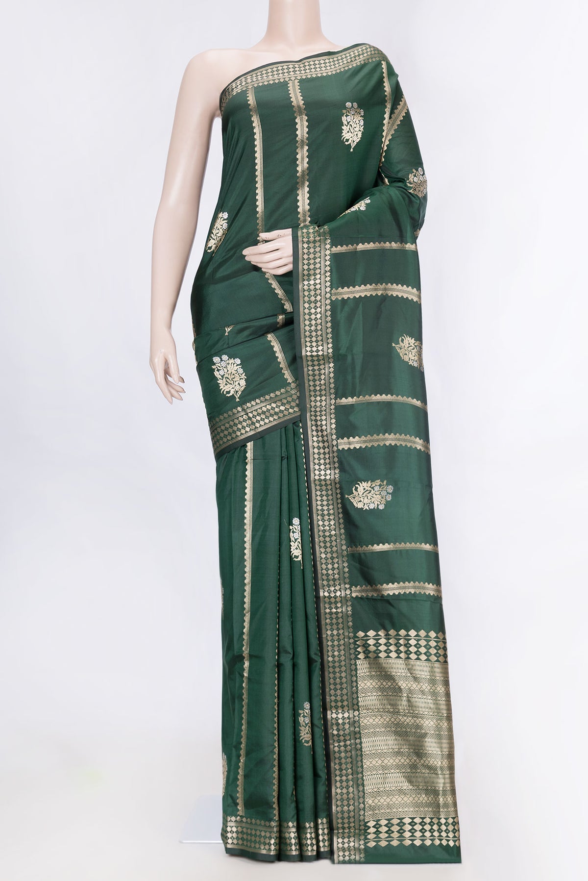 Bottle Green Dual Tone Banarasi Silk Saree with Zari Butta on the body and Zari Border displayed on a mannequin
