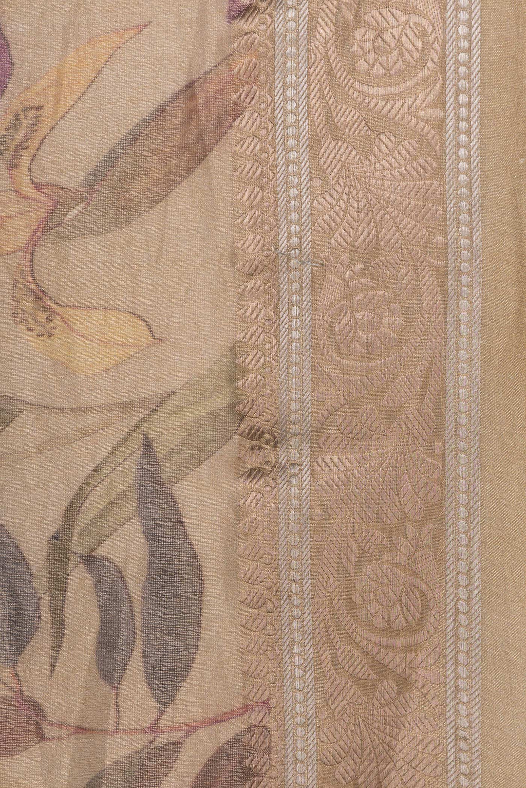 Border image of Beige Dual Tone Organza Silk Saree with Printed design on the body and Zari Border. 