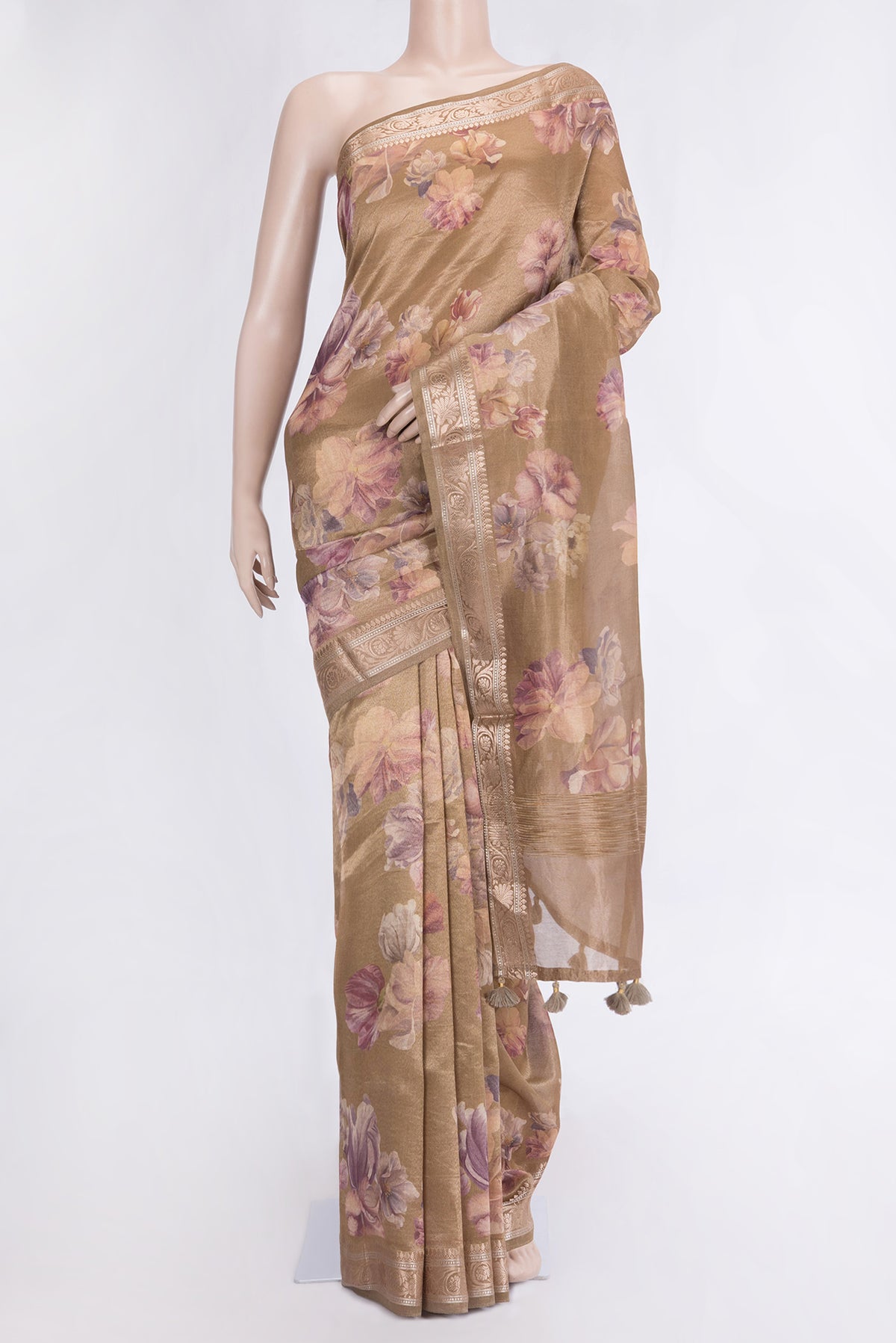 Mehandi Green Dual Tone Organza Silk Saree with Printed design on the body and Zari Border.  displayed on a mannequin