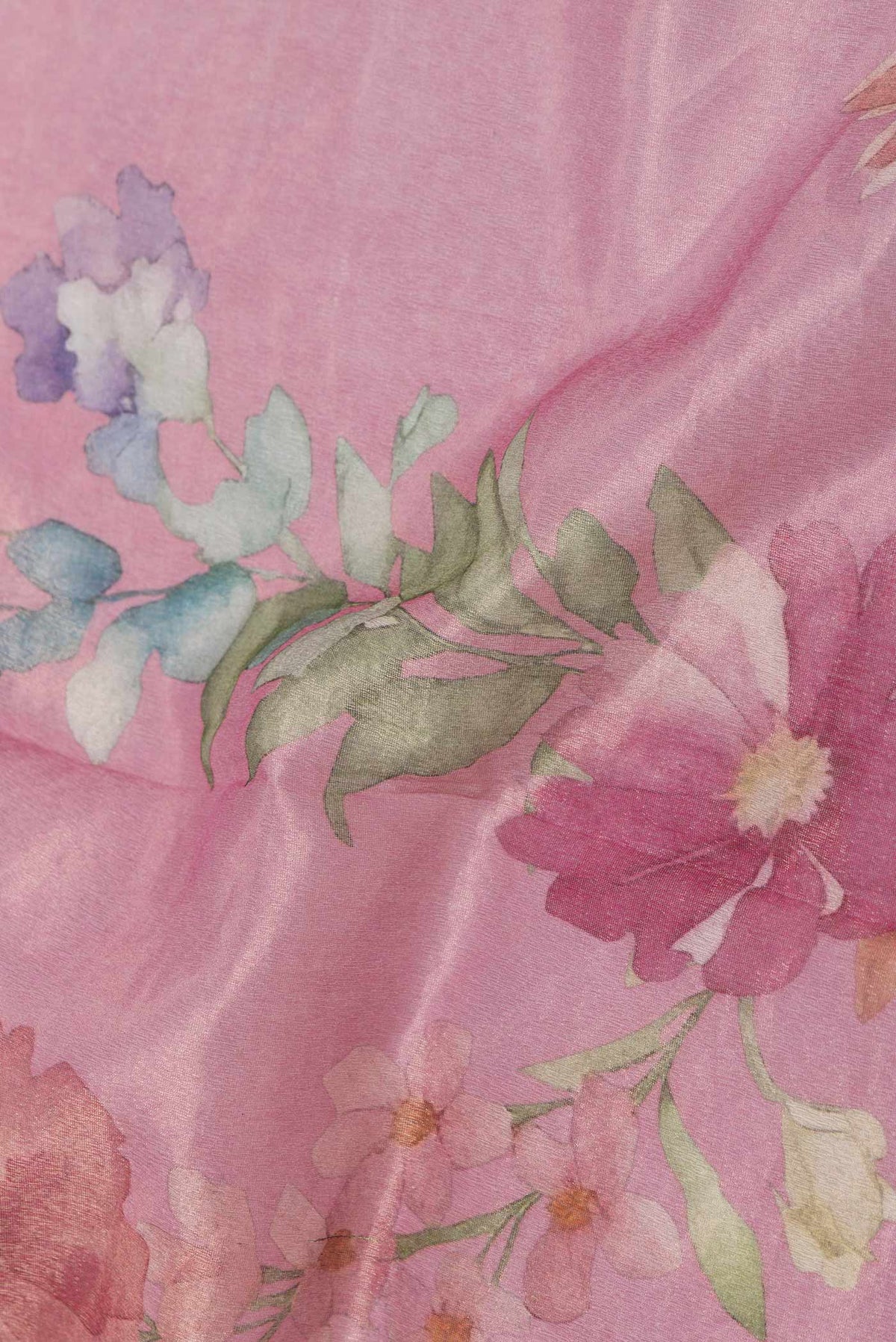 Close up of Pink Dual Tone Organza Silk SareePrinted design on the body and Zari Border displaying folds