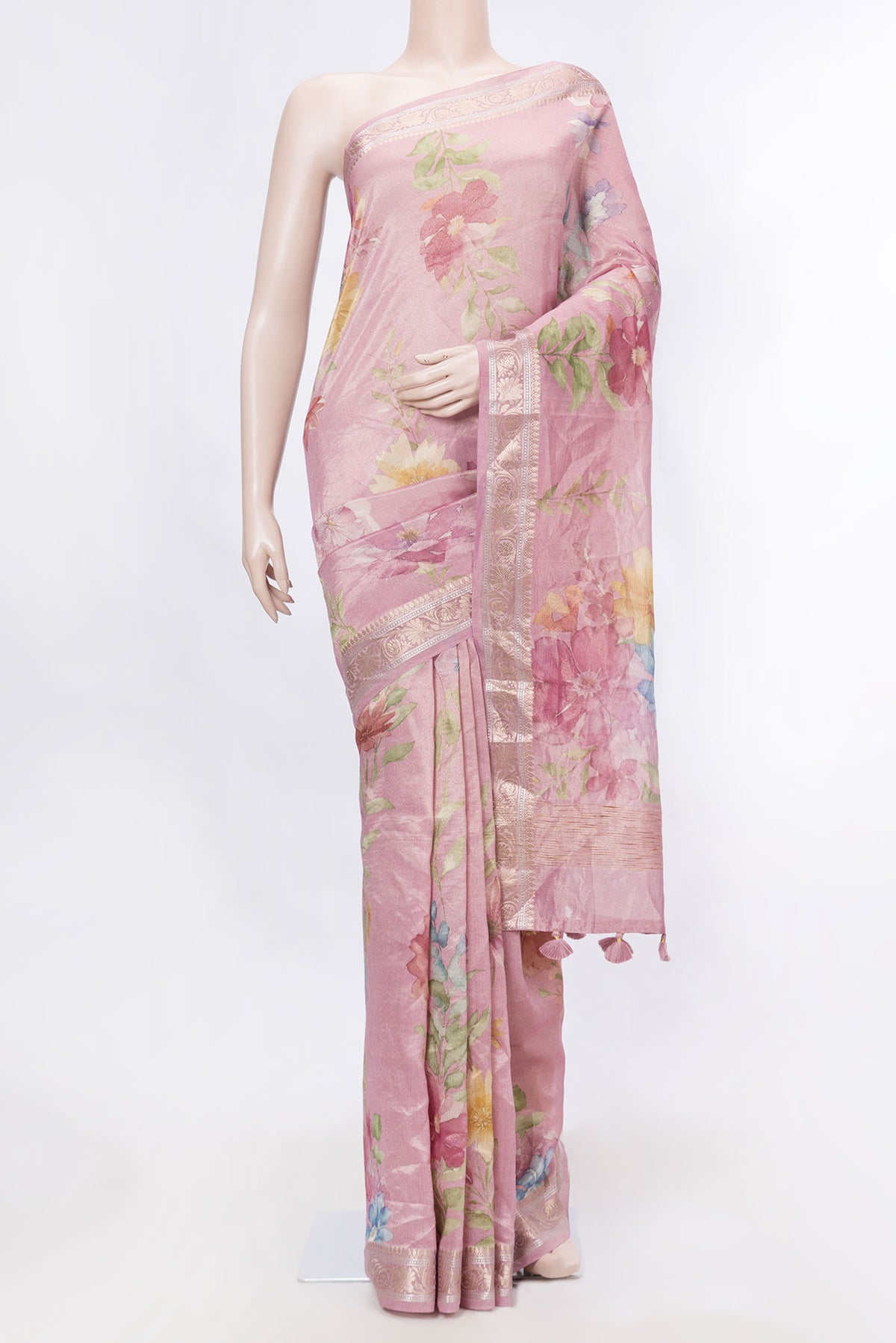 Pink Dual Tone Organza Silk SareePrinted design on the body and Zari Border displayed on a mannequin