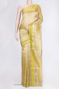 Mehandi Green Dual Tone Organza Silk Saree with Embroidery on the body and Zari And Thread Border.  displayed on a mannequin