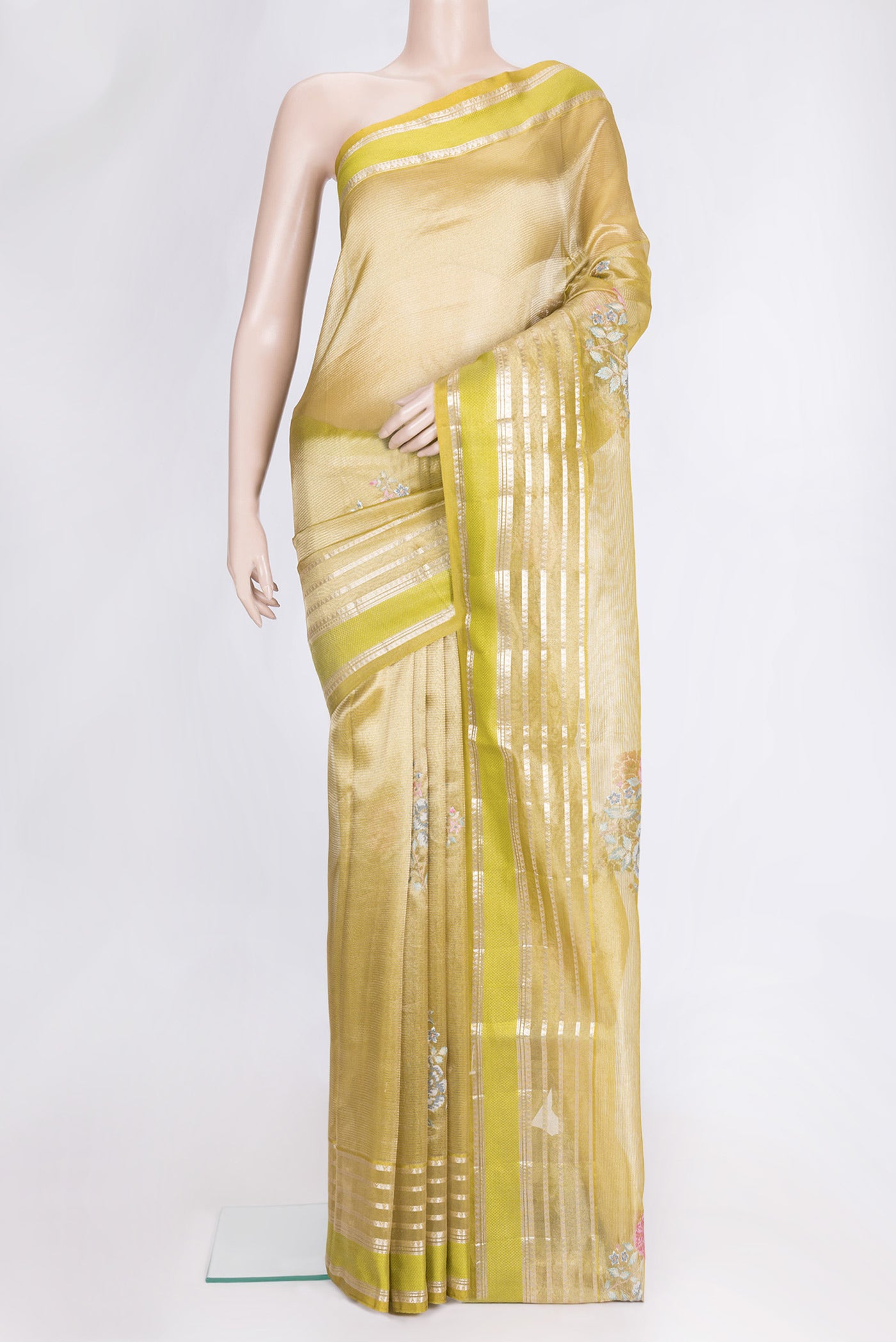 Mehandi Green Dual Tone Organza Silk Saree with Embroidery on the body and Zari And Thread Border.  displayed on a mannequin