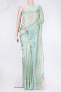 Sea Green Dual Tone Organza Silk Saree with Embroidery on the body and Zari And Thread Border.  displayed on a mannequin