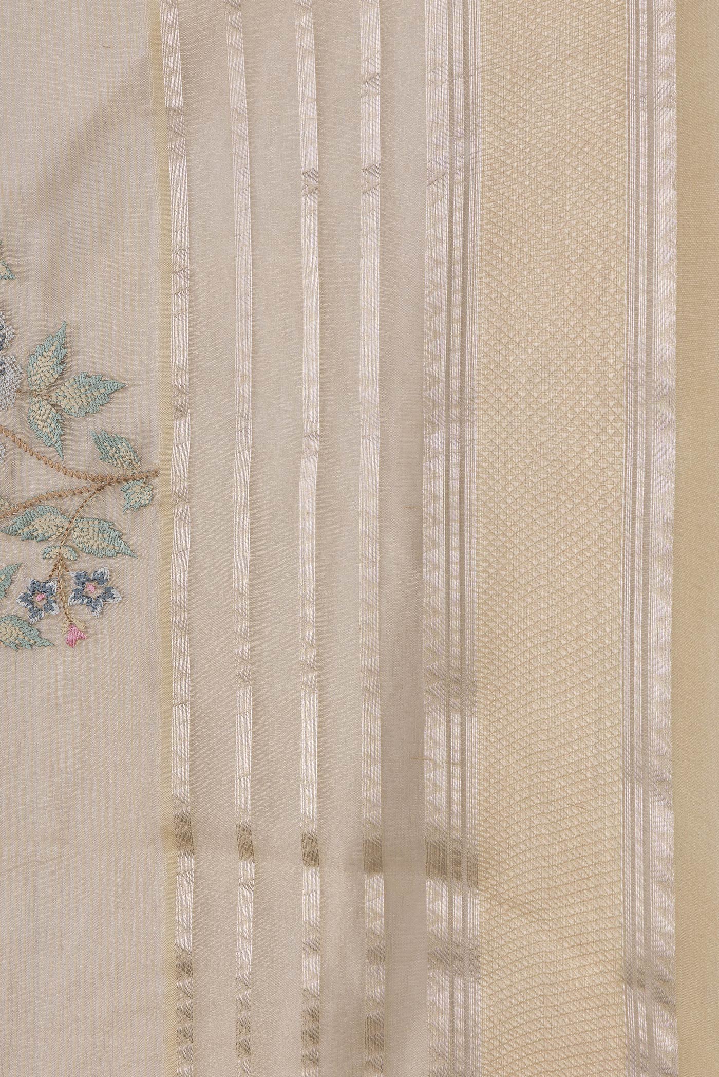 Border image of Gold Dual Tone Organza Silk Saree with Embroidery on the body and Zari Border. 