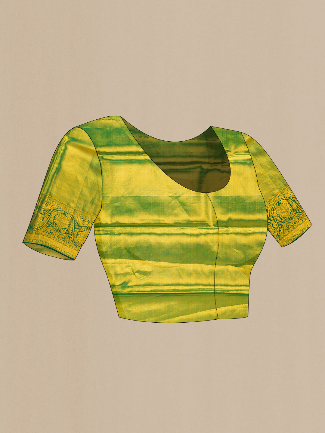 Close up image of the blouse of Gold Dual Tone Kanchipuram Tissue Silk Saree with Zari Brocade on the body and Zari Border. 