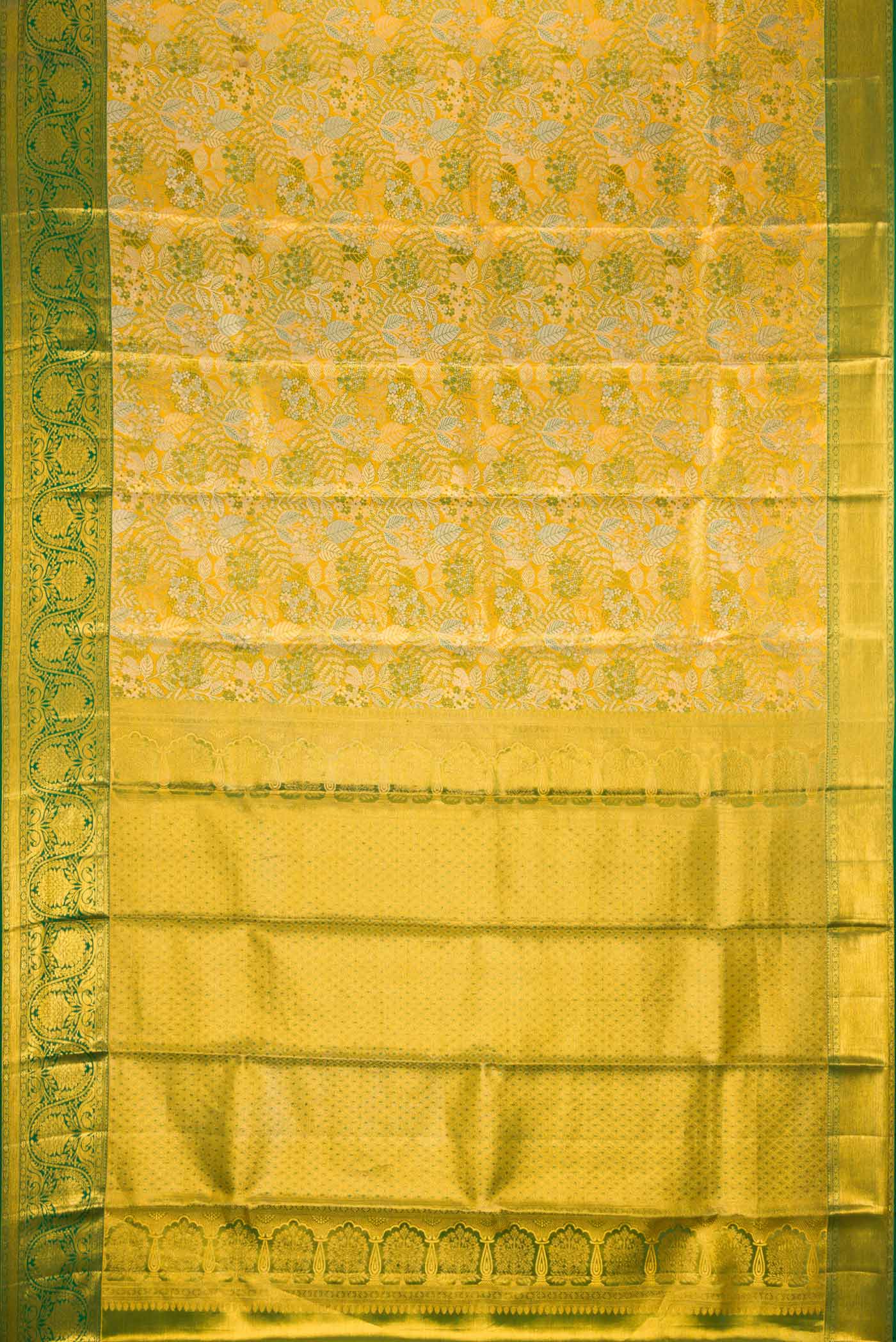 Flat view of Gold Dual Tone Kanchipuram Tissue Silk Saree with Zari Brocade on the body and Zari Border. 