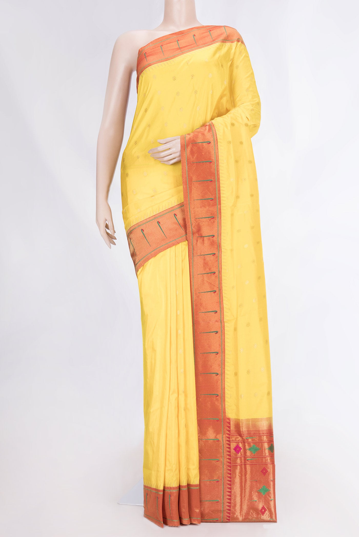Yellow Dual Tone Paithani Silk Saree with Zari Butta on the body and Paithani Border displayed on a mannequin