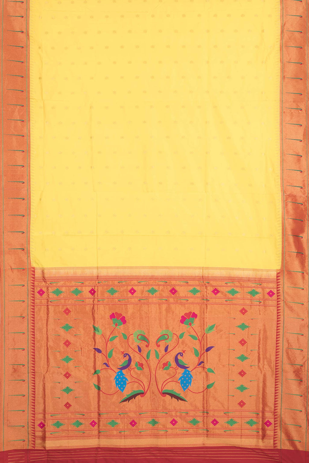 Flat view of Yellow Dual Tone Paithani Silk Saree with Zari Butta on the body and Paithani Border
