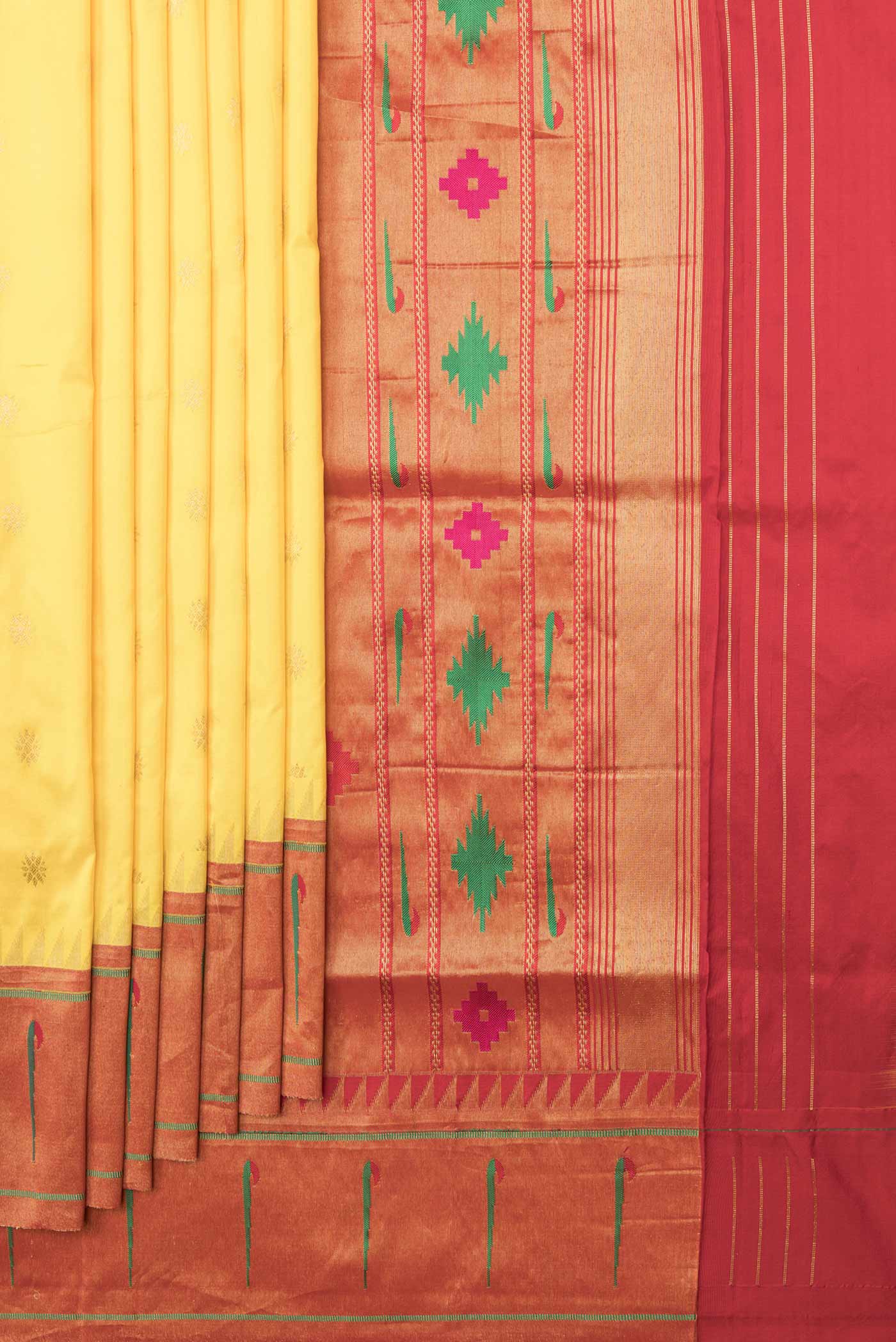 Pleats and pallu of Yellow Dual Tone Paithani Silk Saree with Zari Butta on the body and Paithani Border