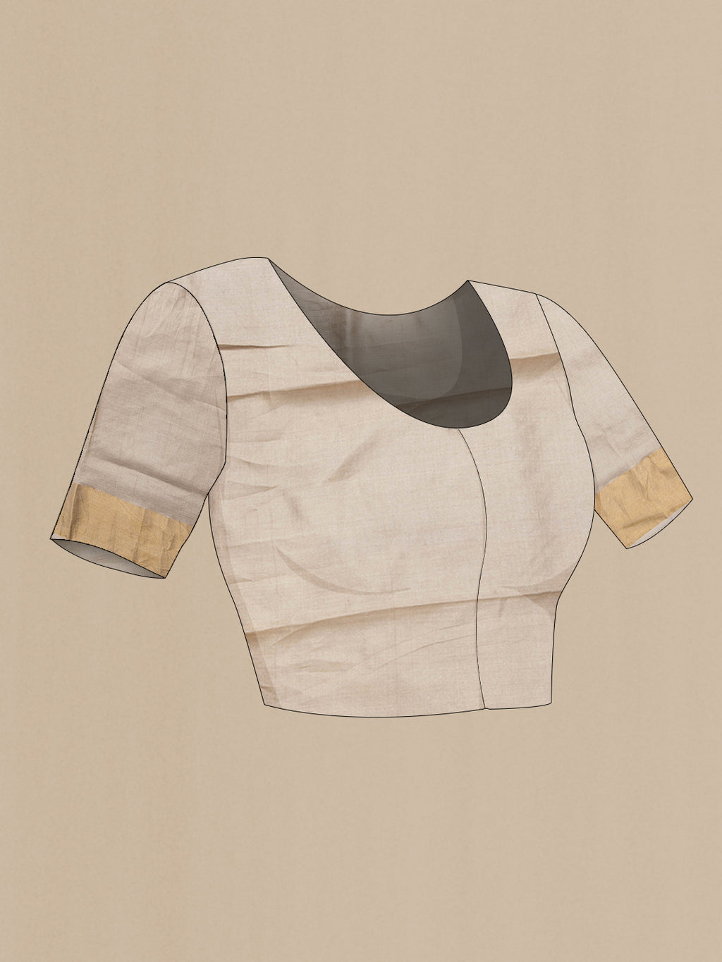 Close up image of the blouse of Beige Dual Tone Tussar Silk Saree with Embroidery on the body and Zari Border. 