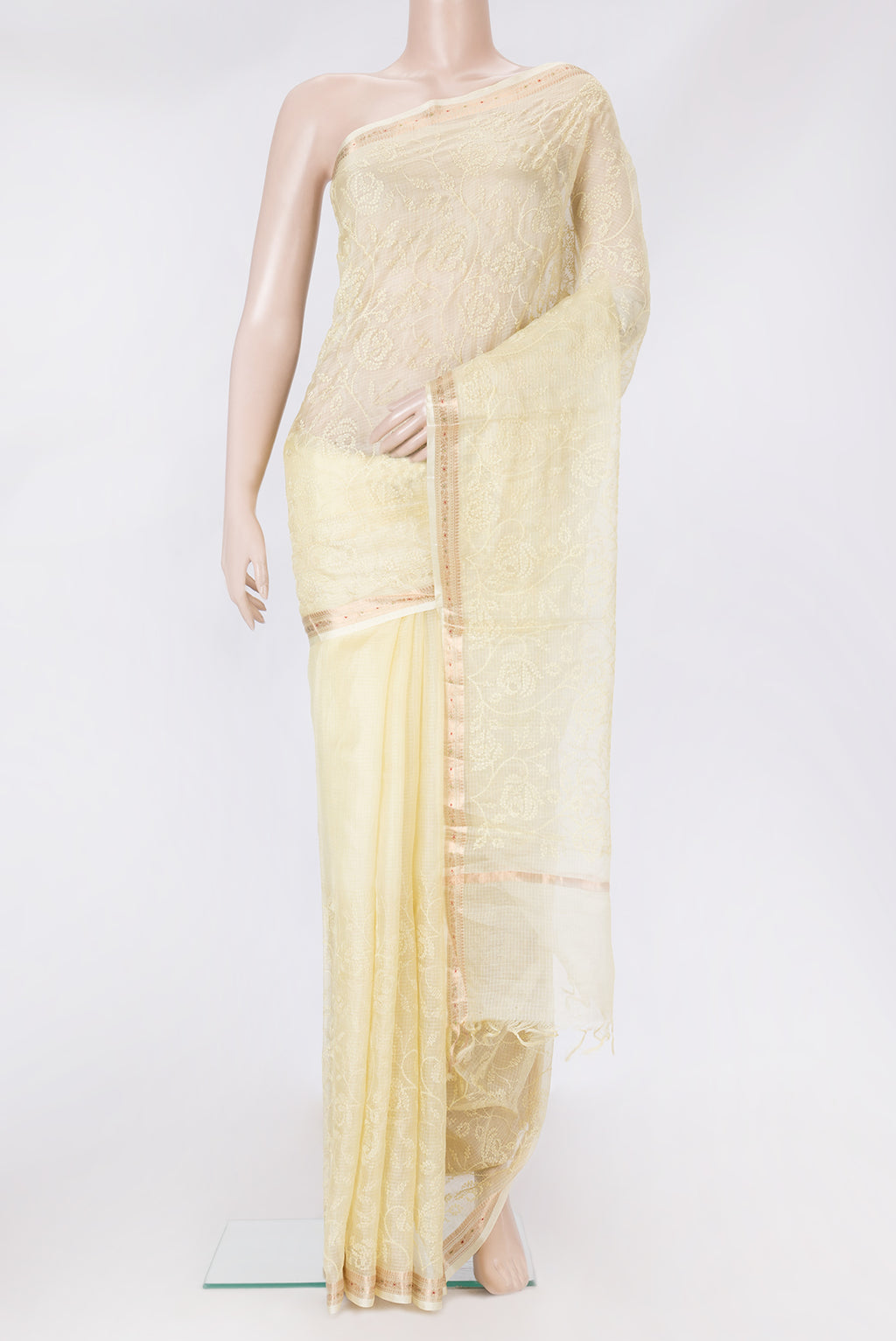 Sandal Dual Tone Kota Silk Saree with Embroidery on the body and Zari Border.  displayed on a mannequin