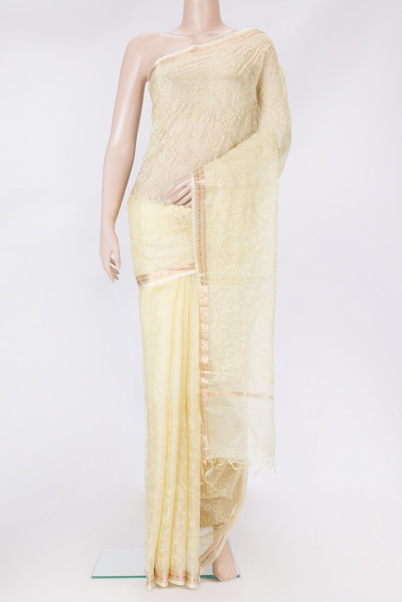 Sandal Dual Tone Kota Silk Saree with Embroidery on the body and Zari Border.  displayed on a mannequin