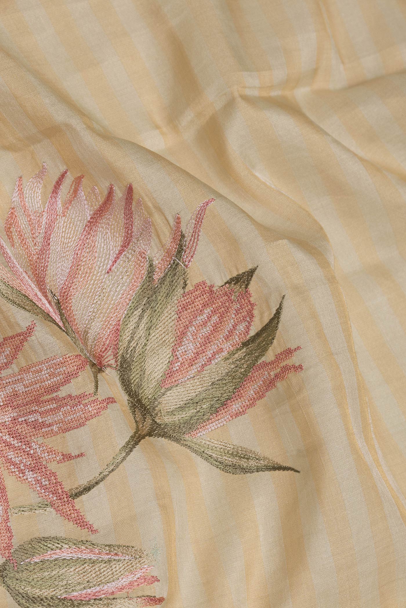 Close up of Sandal Dual Tone Organza Silk Saree with Embroidery on the body and Embroidery Border.  displaying folds