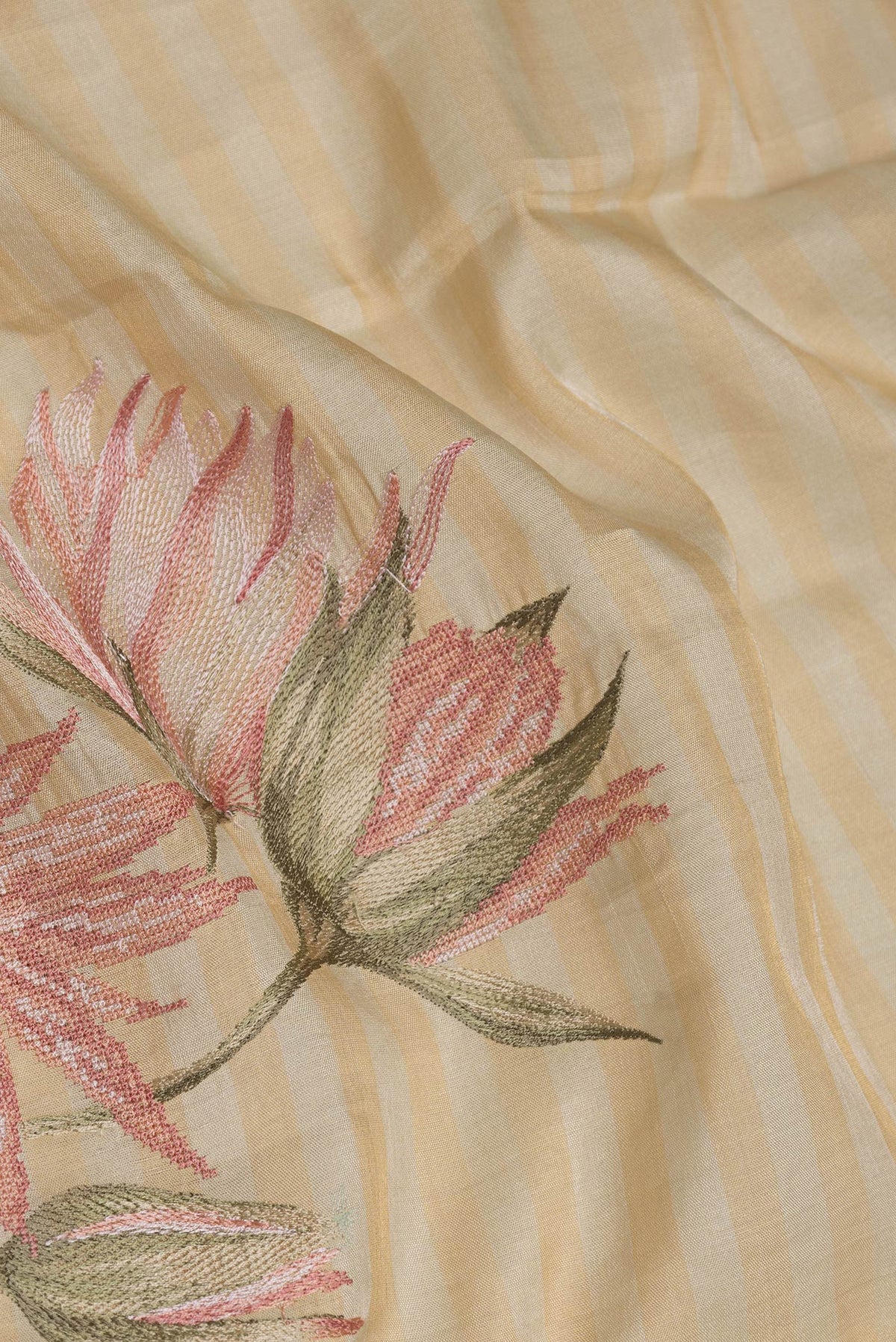 Close up of Sandal Dual Tone Organza Silk Saree with Embroidery on the body and Embroidery Border.  displaying folds