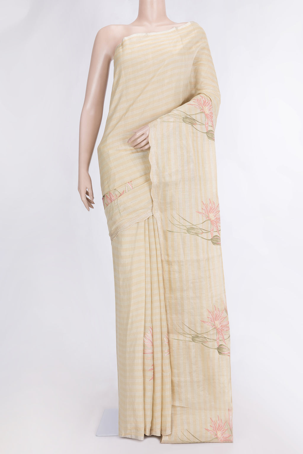 Sandal Dual Tone Organza Silk Saree with Embroidery on the body and Embroidery Border.  displayed on a mannequin