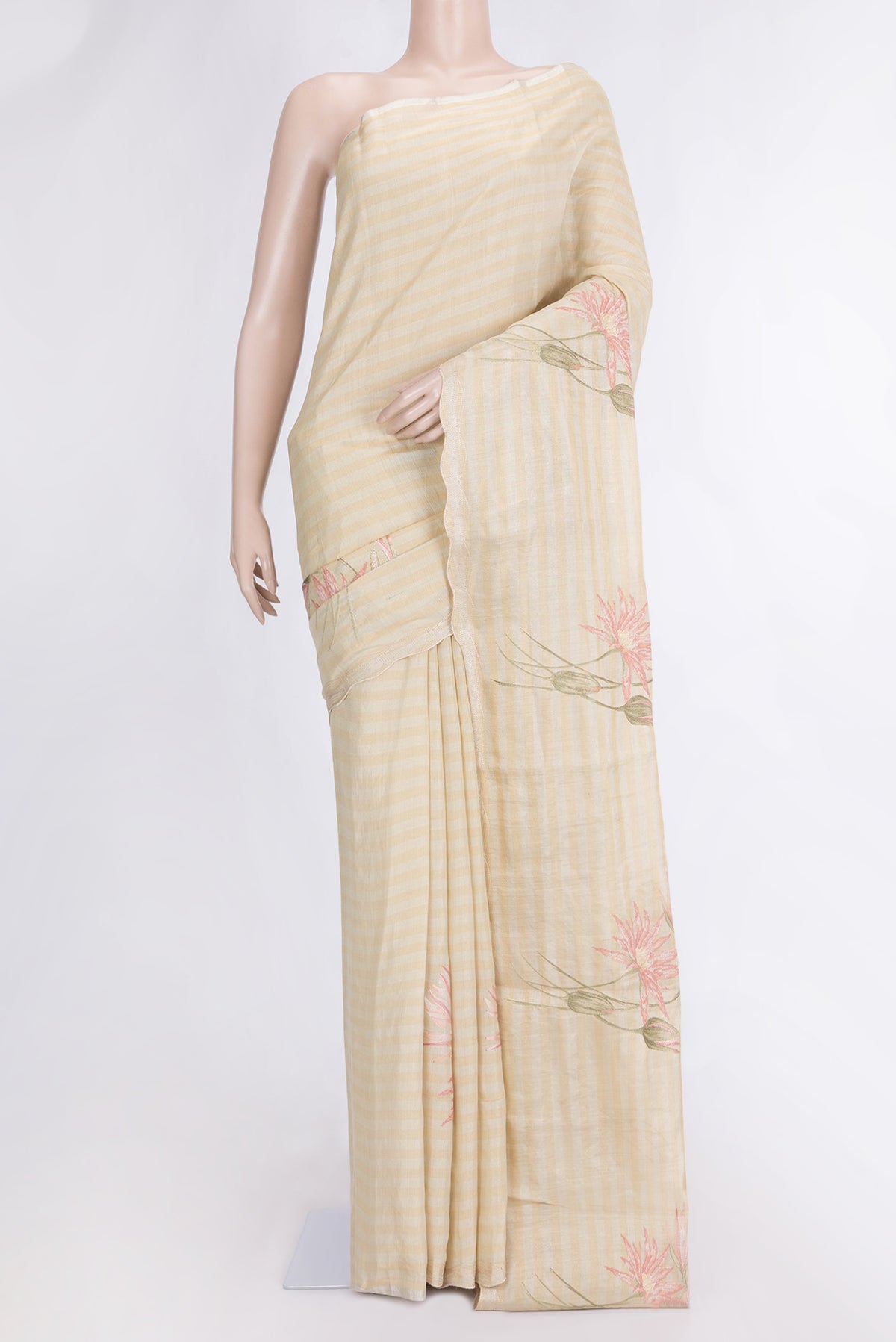 Sandal Dual Tone Organza Silk Saree with Embroidery on the body and Embroidery Border.  displayed on a mannequin