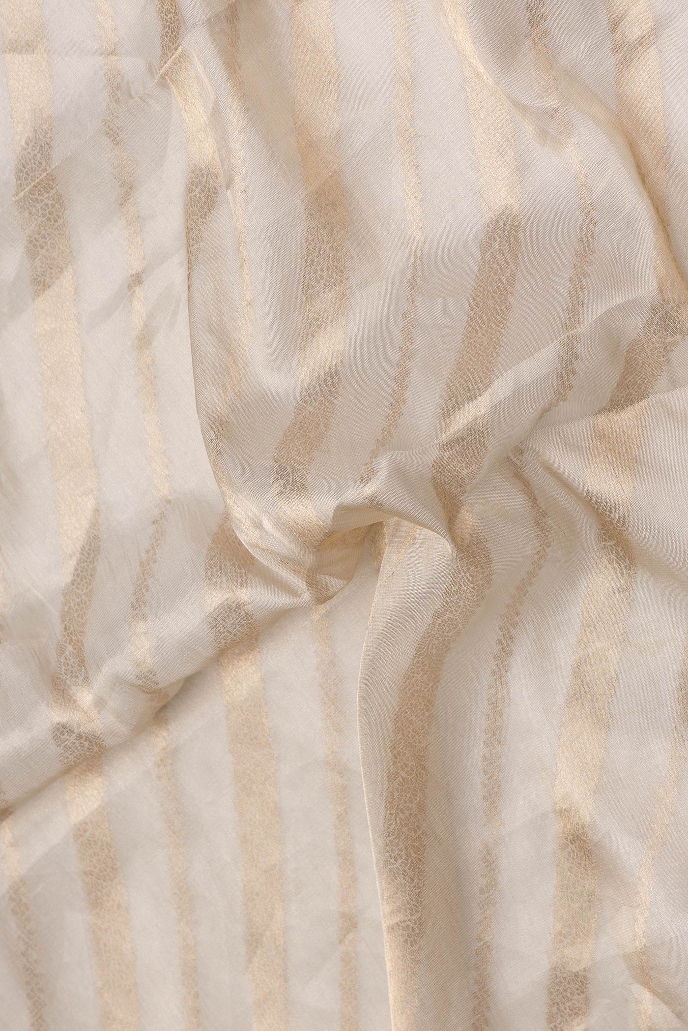 Close up of Beige Dual Tone Organza Silk Saree with Zari Brocade on the body and Embroidery Border.  displaying folds