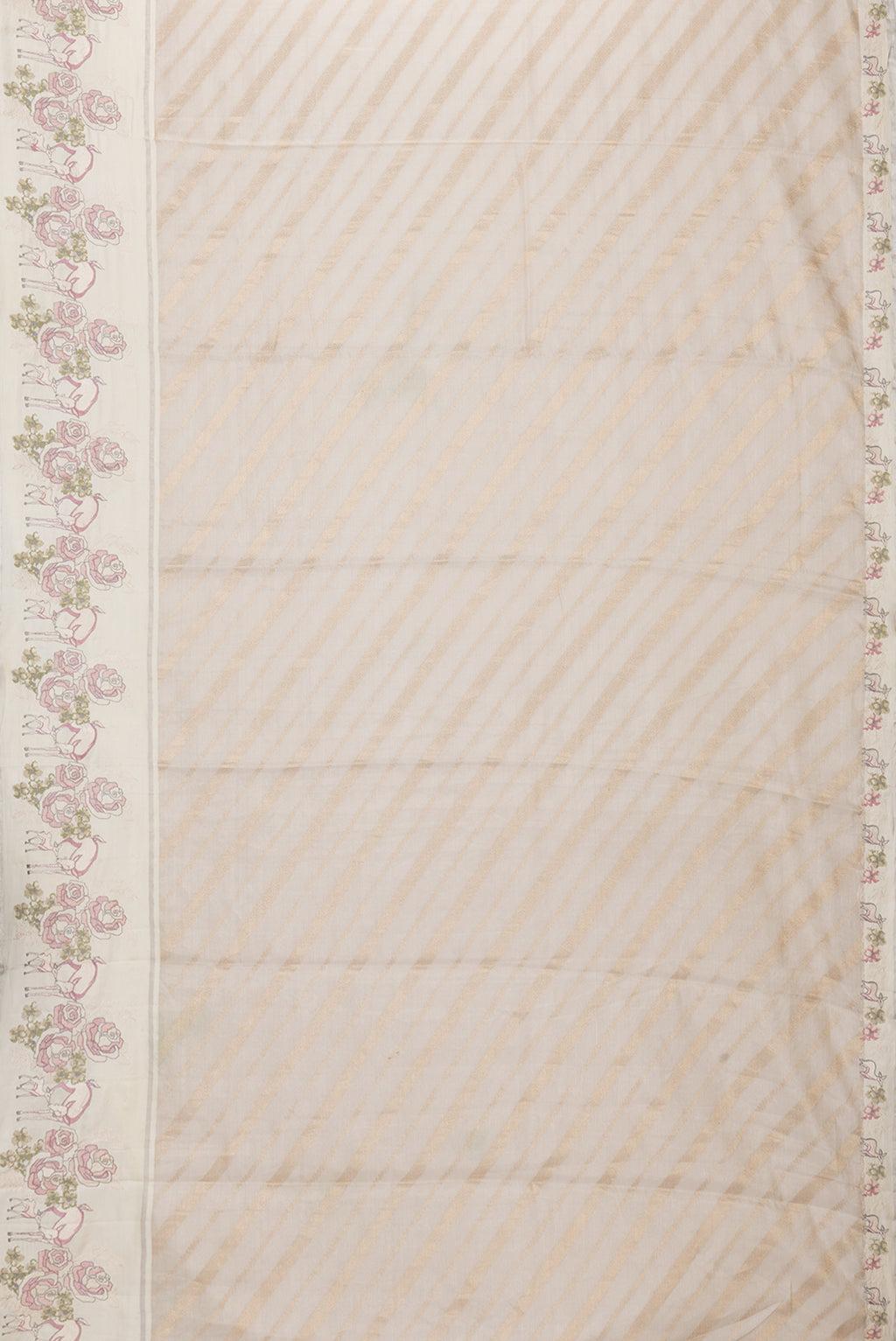 Flat view of Beige Dual Tone Organza Silk Saree with Zari Brocade on the body and Embroidery Border. 