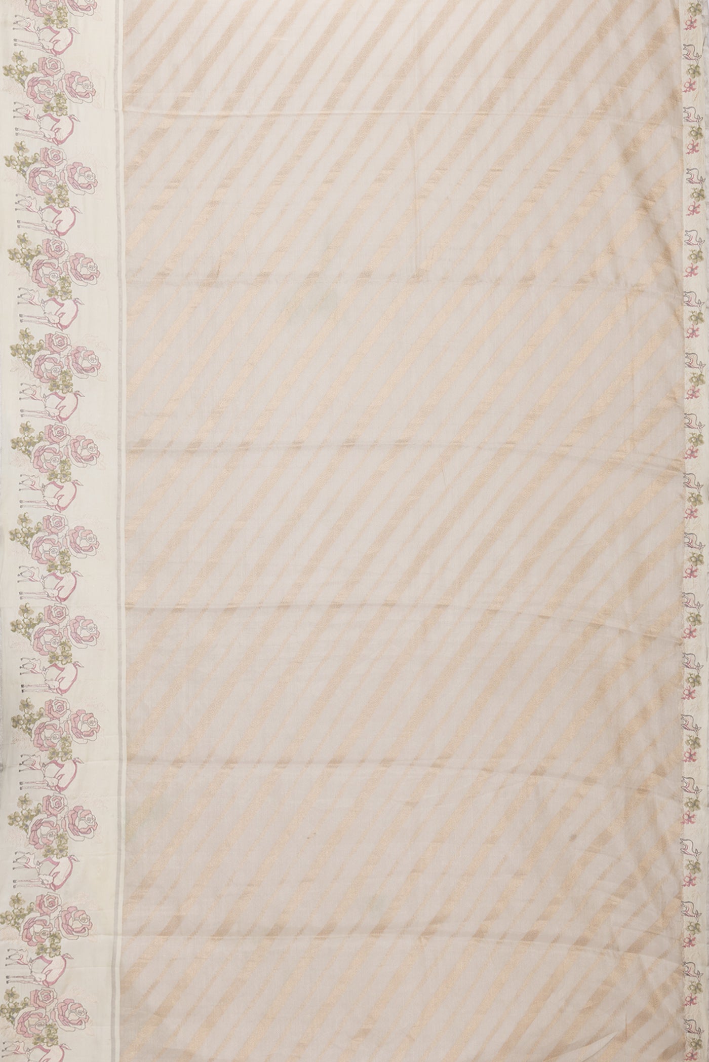 Flat view of Beige Dual Tone Organza Silk Saree with Zari Brocade on the body and Embroidery Border. 