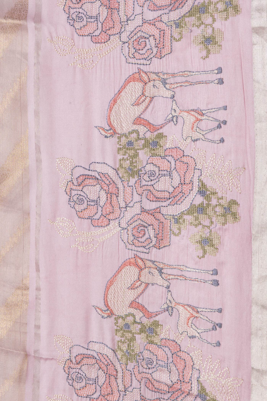 Border image of Rose Gold Dual Tone Organza Silk Saree with Zari Brocade on the body and Embroidery Border. 