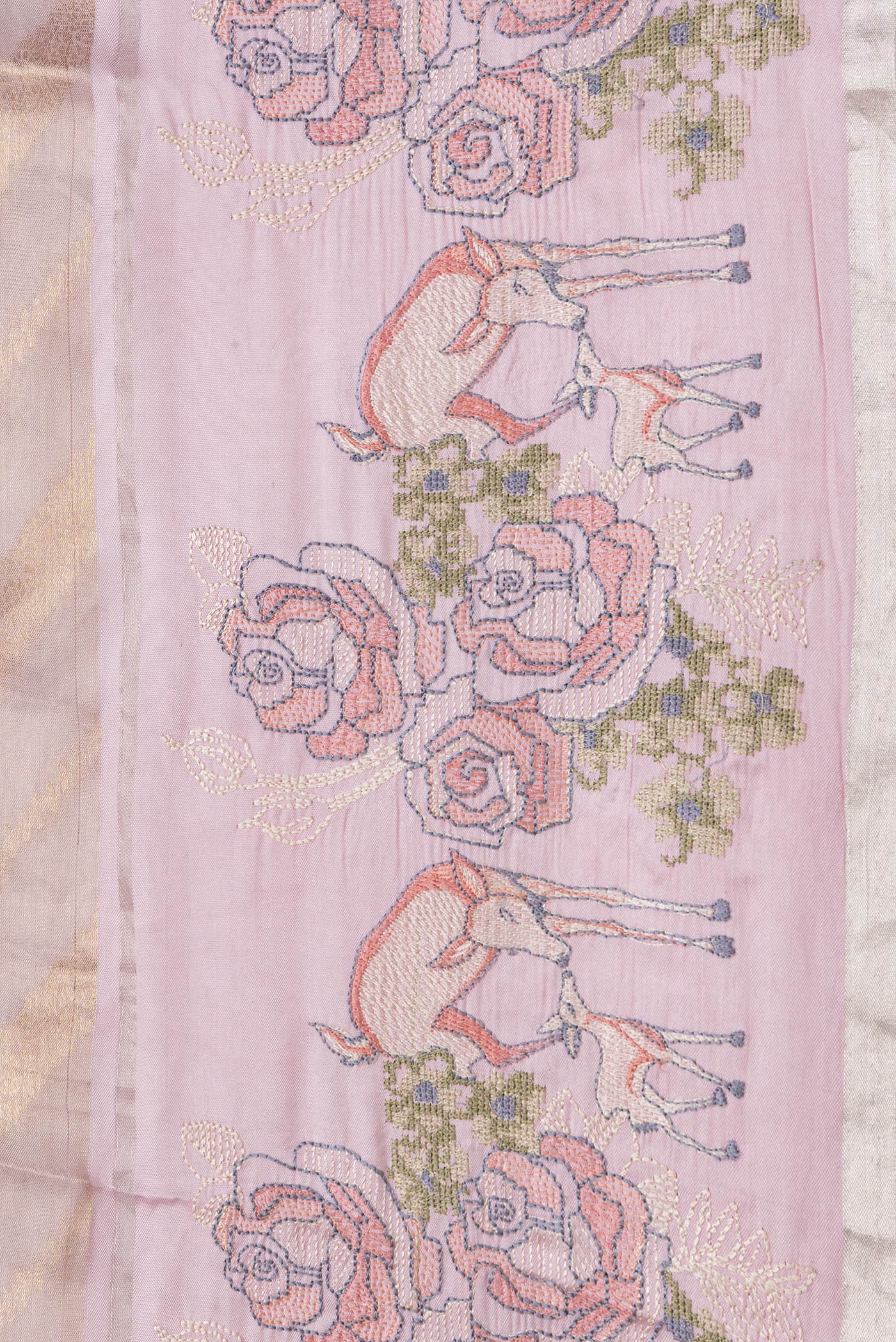 Border image of Rose Gold Dual Tone Organza Silk Saree with Zari Brocade on the body and Embroidery Border. 