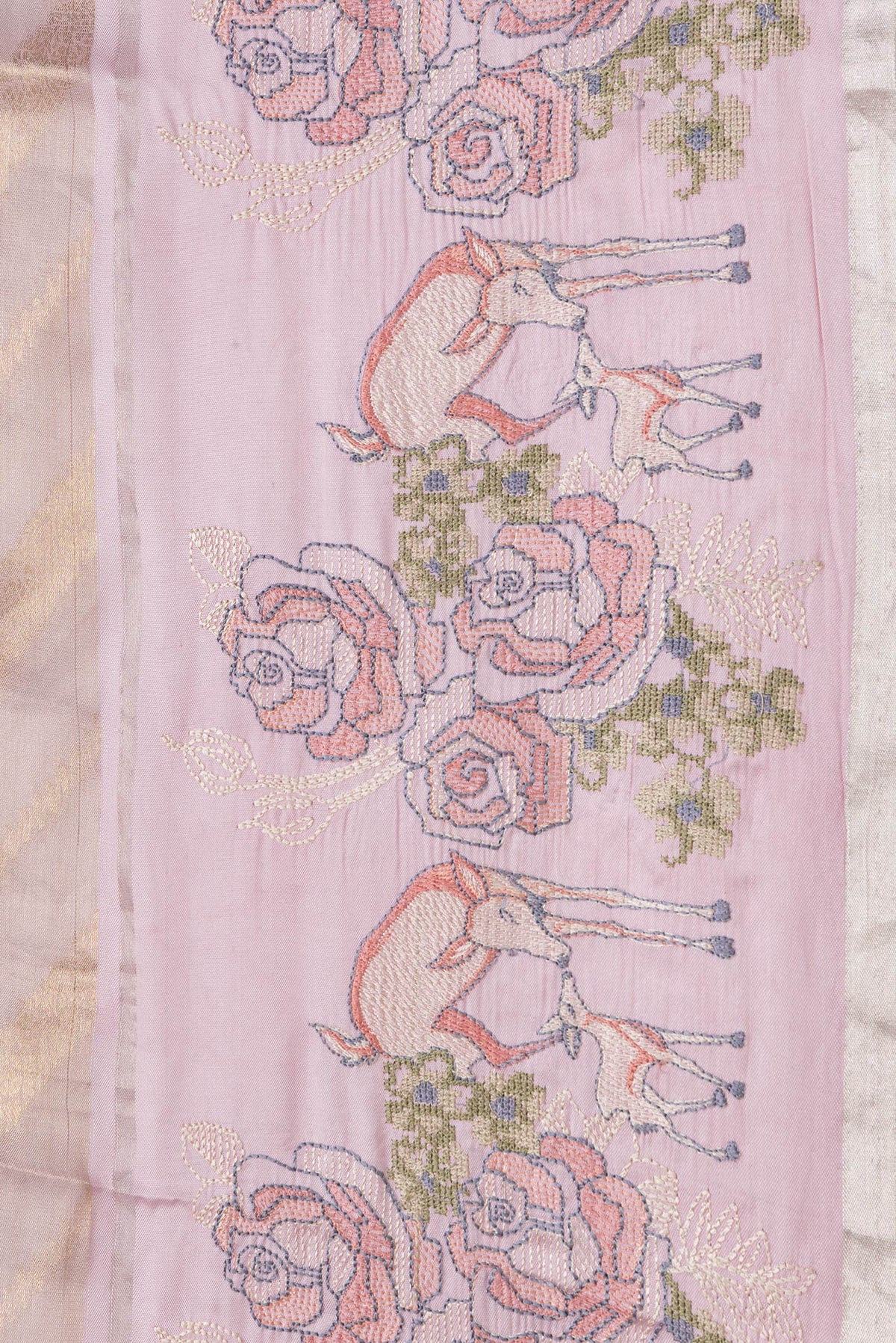 Border image of Rose Gold Dual Tone Organza Silk Saree with Zari Brocade on the body and Embroidery Border. 