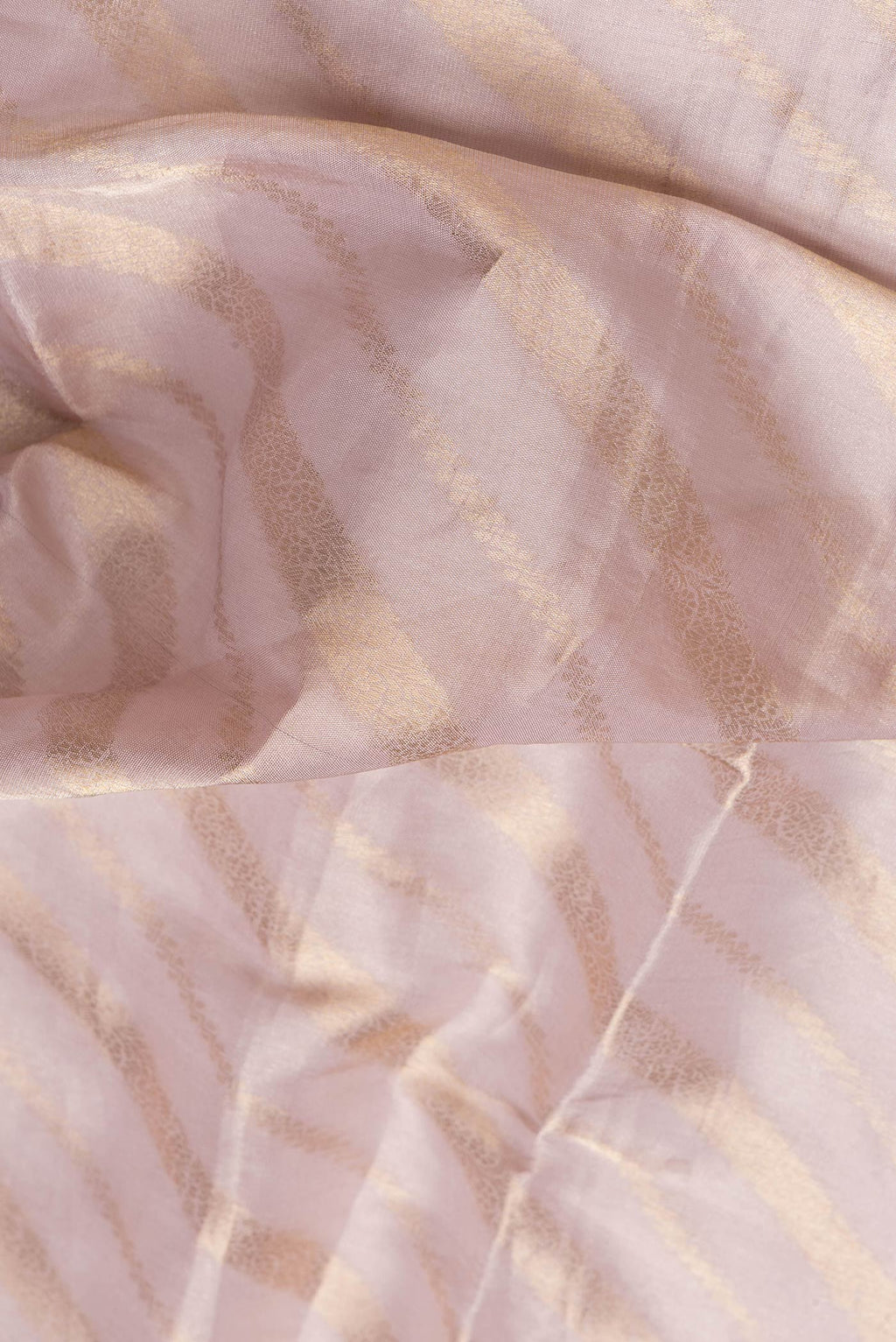 Close up of Rose Gold Dual Tone Organza Silk Saree with Zari Brocade on the body and Embroidery Border.  displaying folds