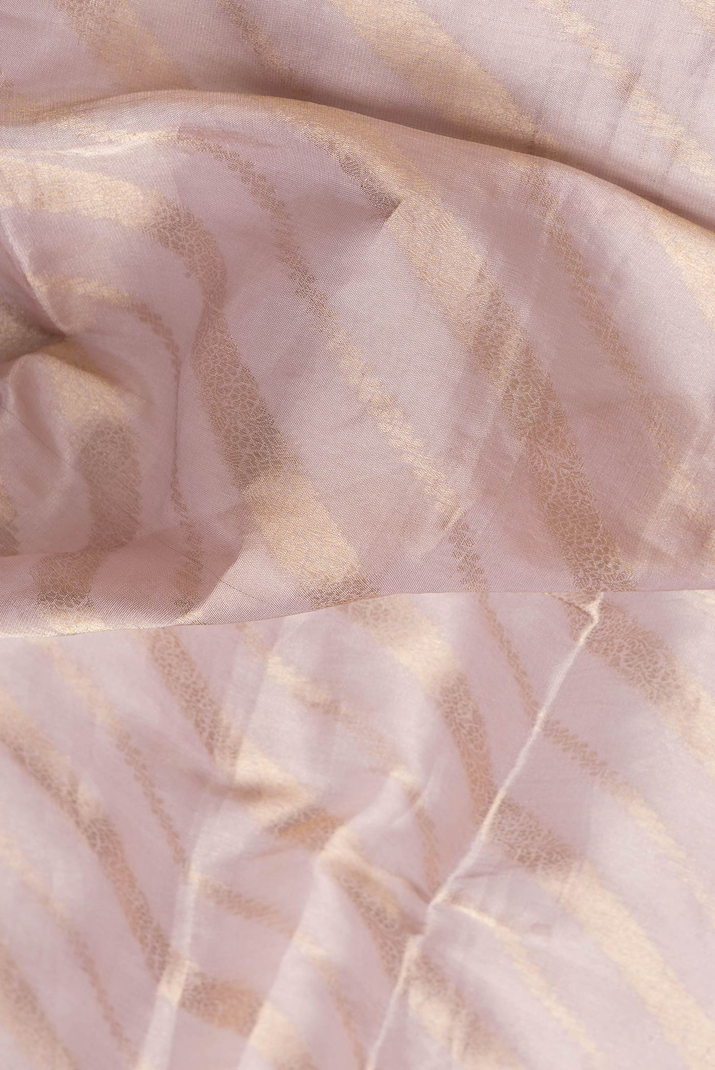 Close up of Rose Gold Dual Tone Organza Silk Saree with Zari Brocade on the body and Embroidery Border.  displaying folds