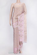 Rose Gold Dual Tone Organza Silk Saree with Zari Brocade on the body and Embroidery Border.  displayed on a mannequin
