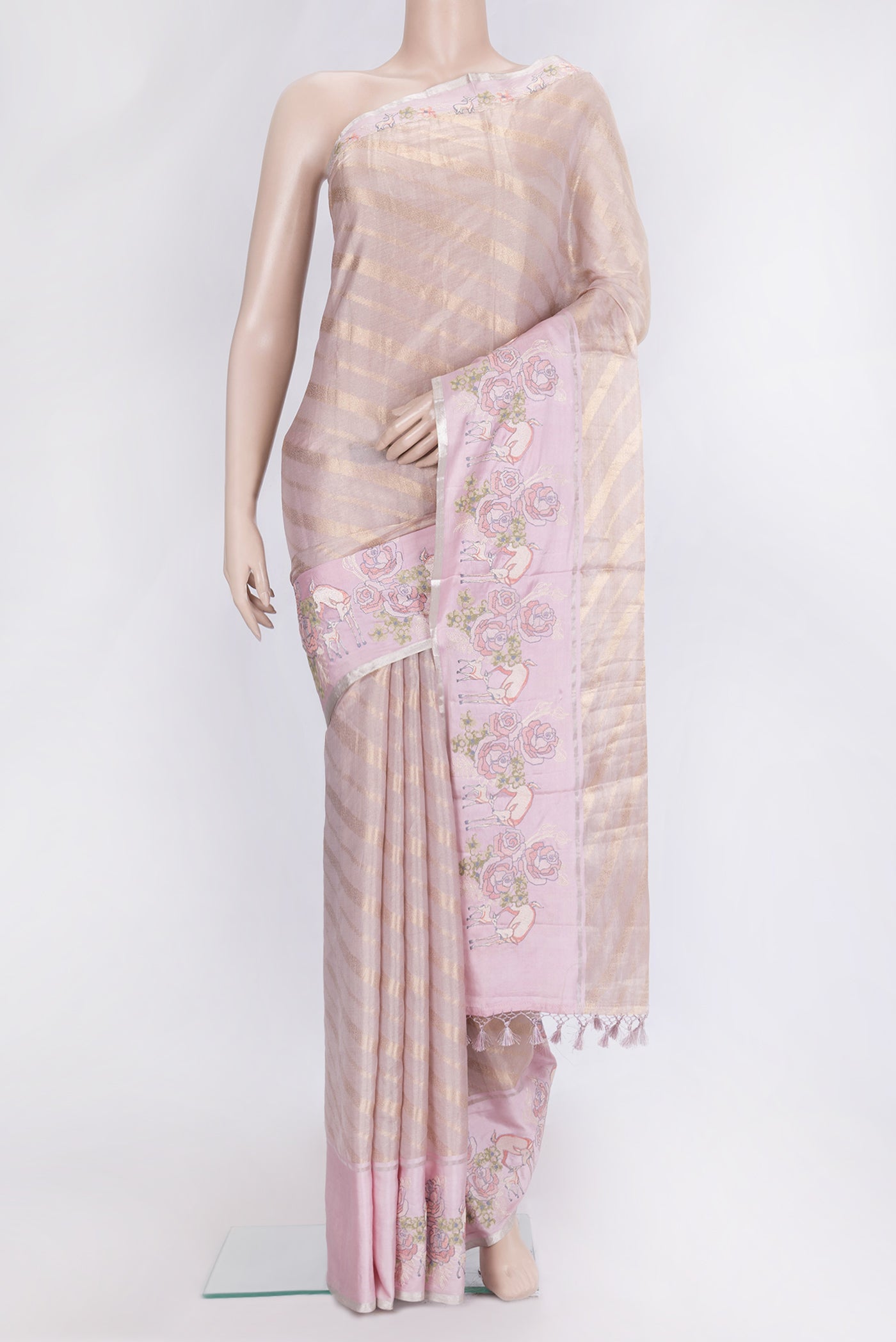 Rose Gold Dual Tone Organza Silk Saree with Zari Brocade on the body and Embroidery Border.  displayed on a mannequin