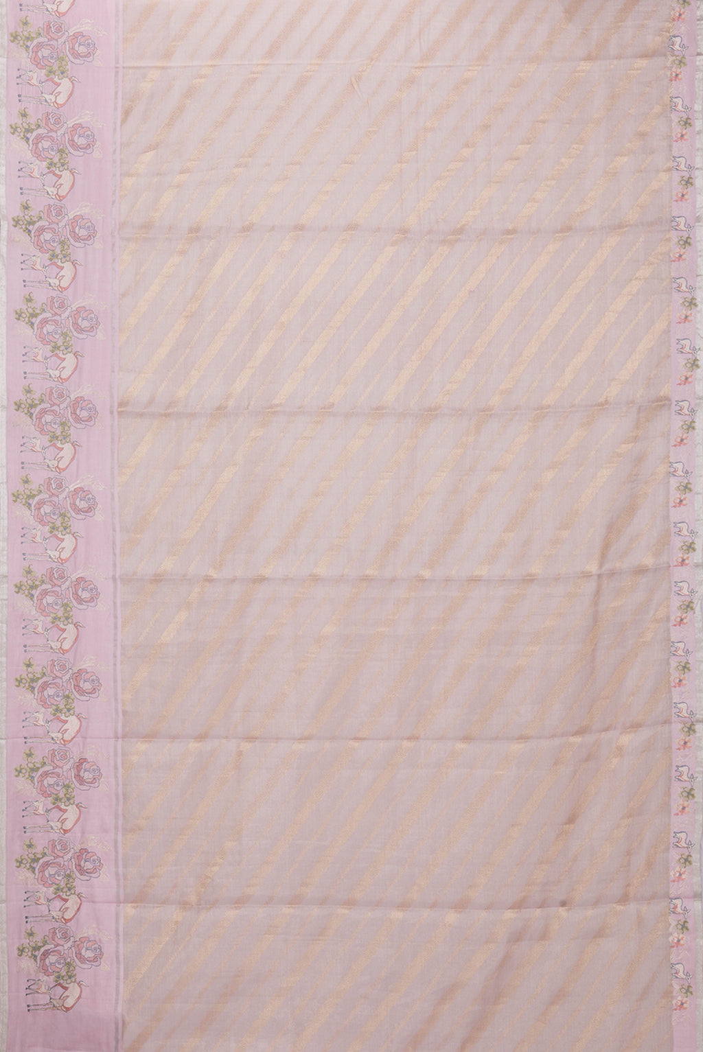 Flat view of Rose Gold Dual Tone Organza Silk Saree with Zari Brocade on the body and Embroidery Border. 