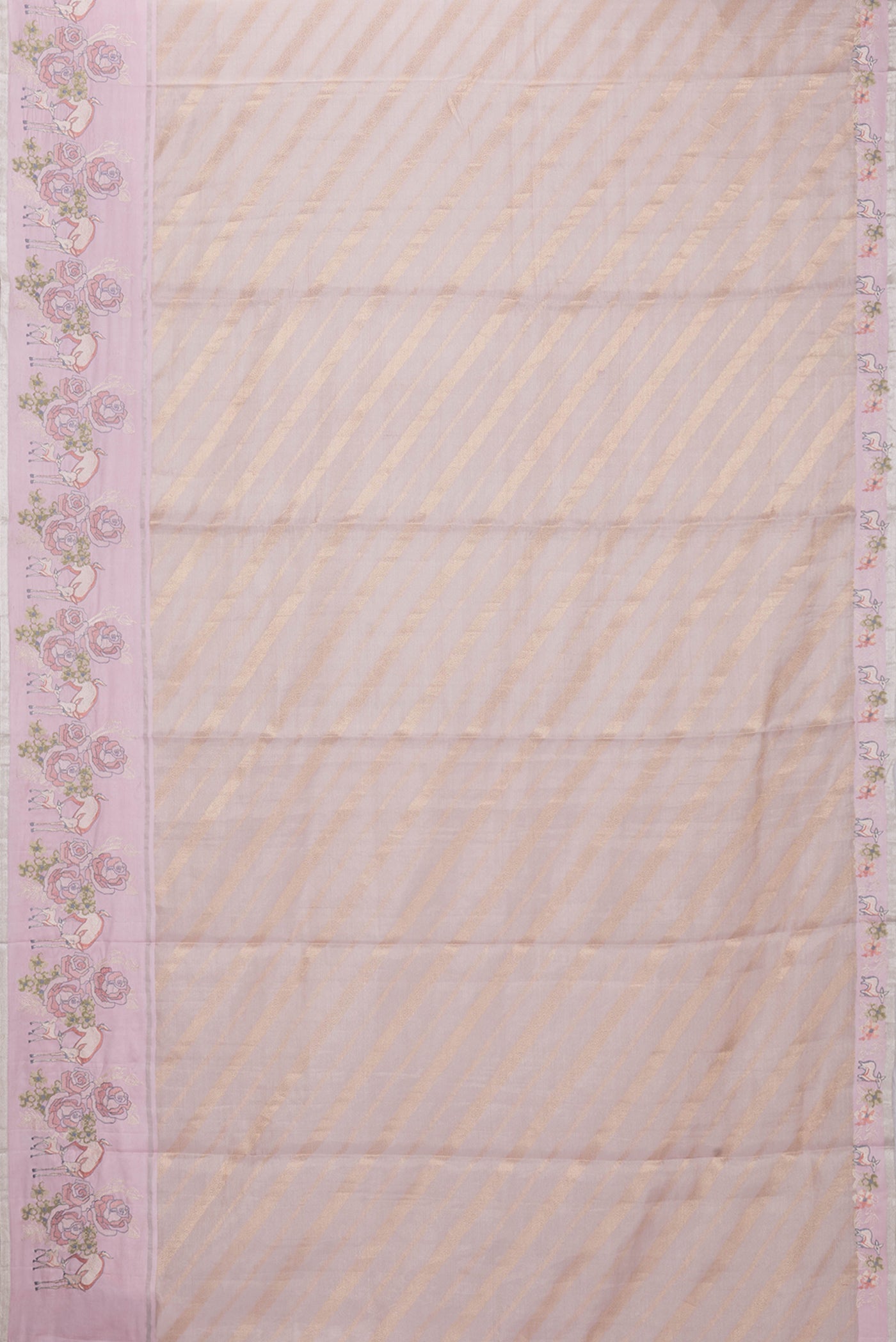 Flat view of Rose Gold Dual Tone Organza Silk Saree with Zari Brocade on the body and Embroidery Border. 