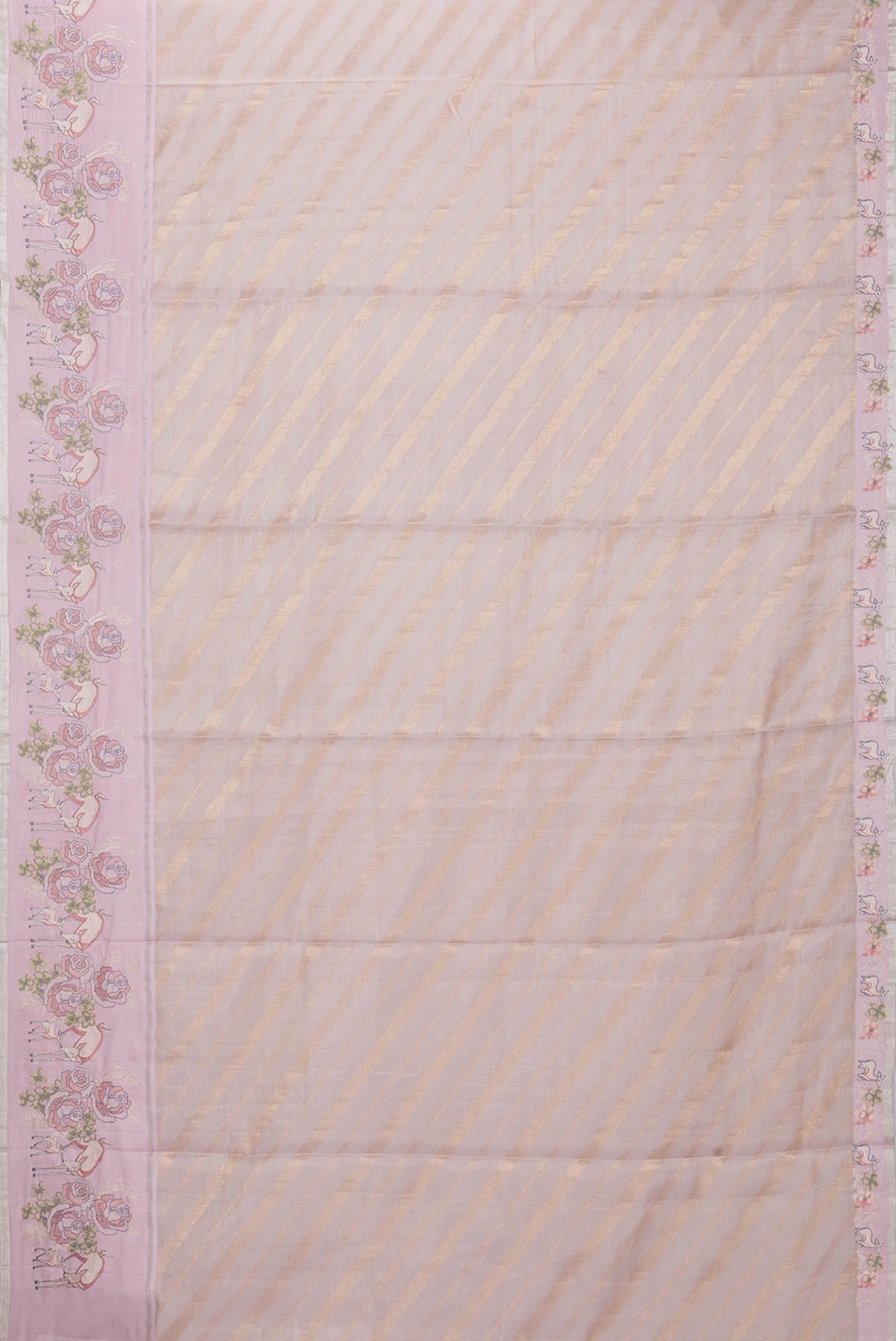 Flat view of Rose Gold Dual Tone Organza Silk Saree with Zari Brocade on the body and Embroidery Border. 
